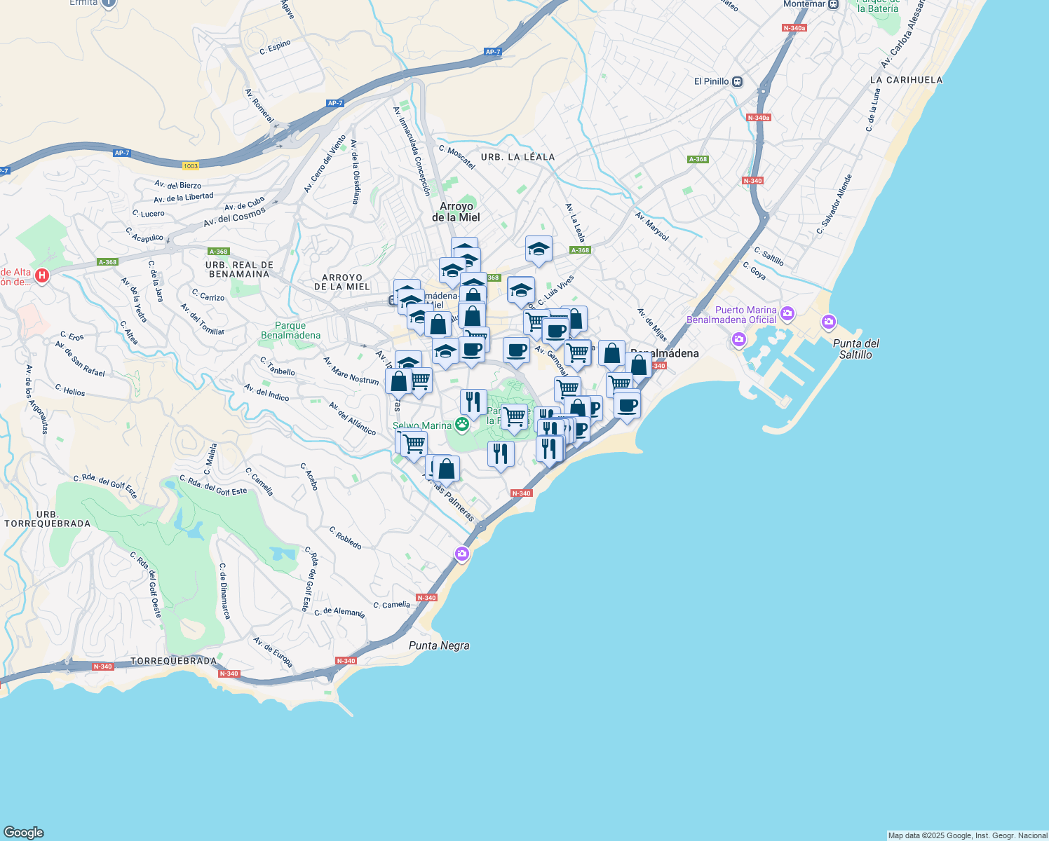 map of restaurants, bars, coffee shops, grocery stores, and more near 3 Avenida del Parque in Benalmádena