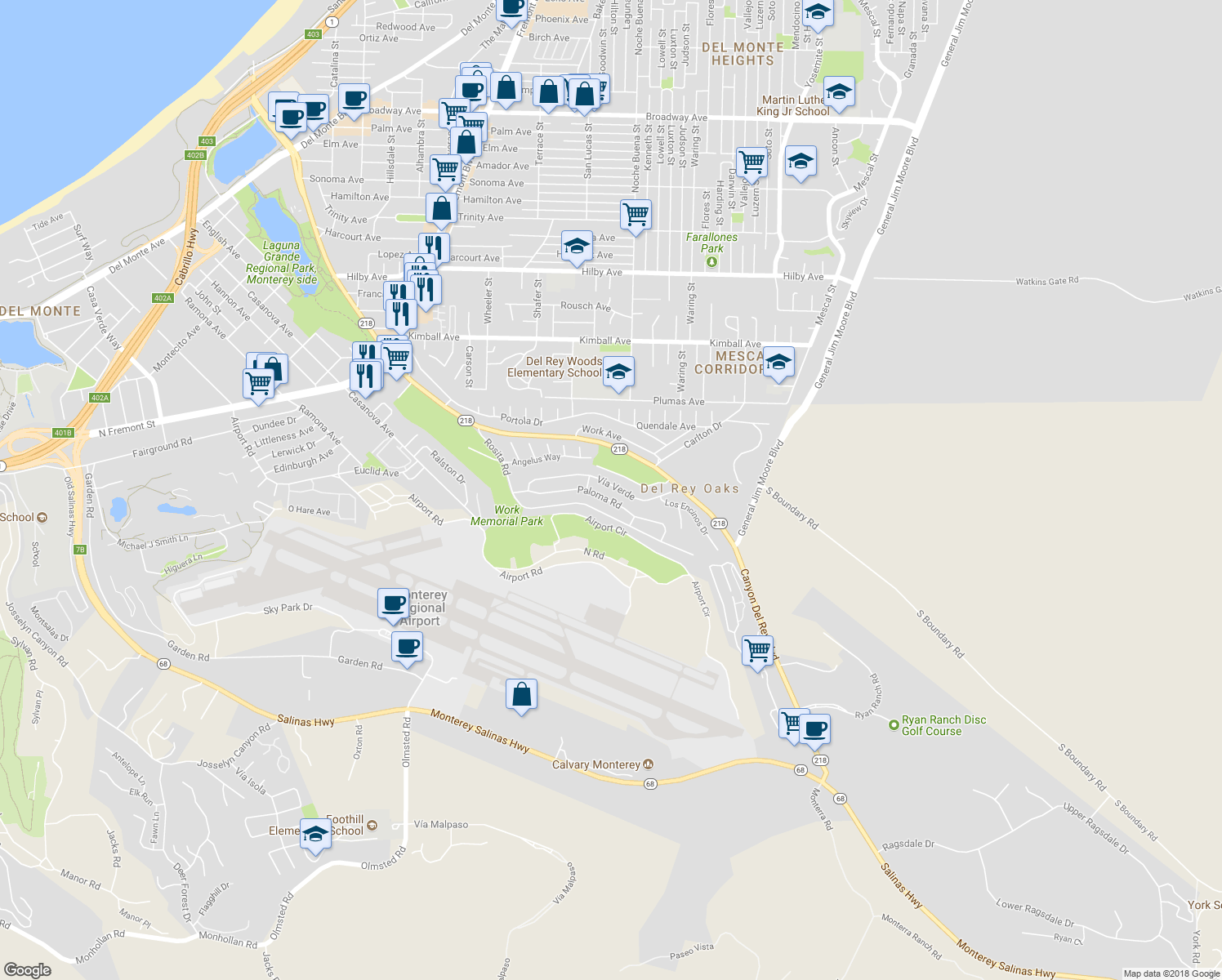 map of restaurants, bars, coffee shops, grocery stores, and more near 1017 Vía Verde in Del Rey Oaks