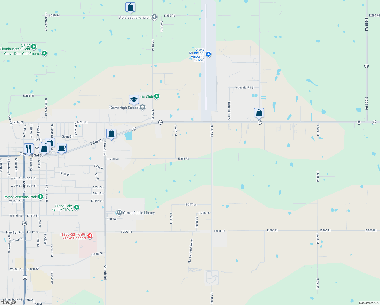map of restaurants, bars, coffee shops, grocery stores, and more near 63710 East 293 Road in Grove