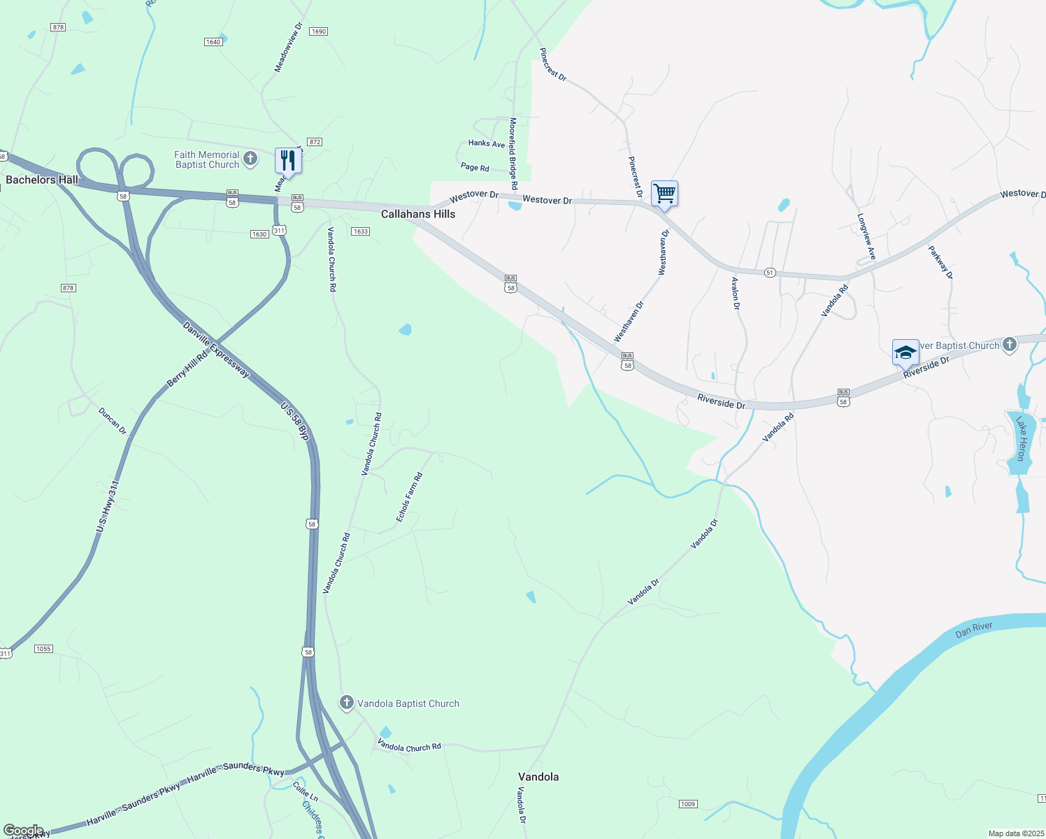 map of restaurants, bars, coffee shops, grocery stores, and more near Industrial Avenue in Danville