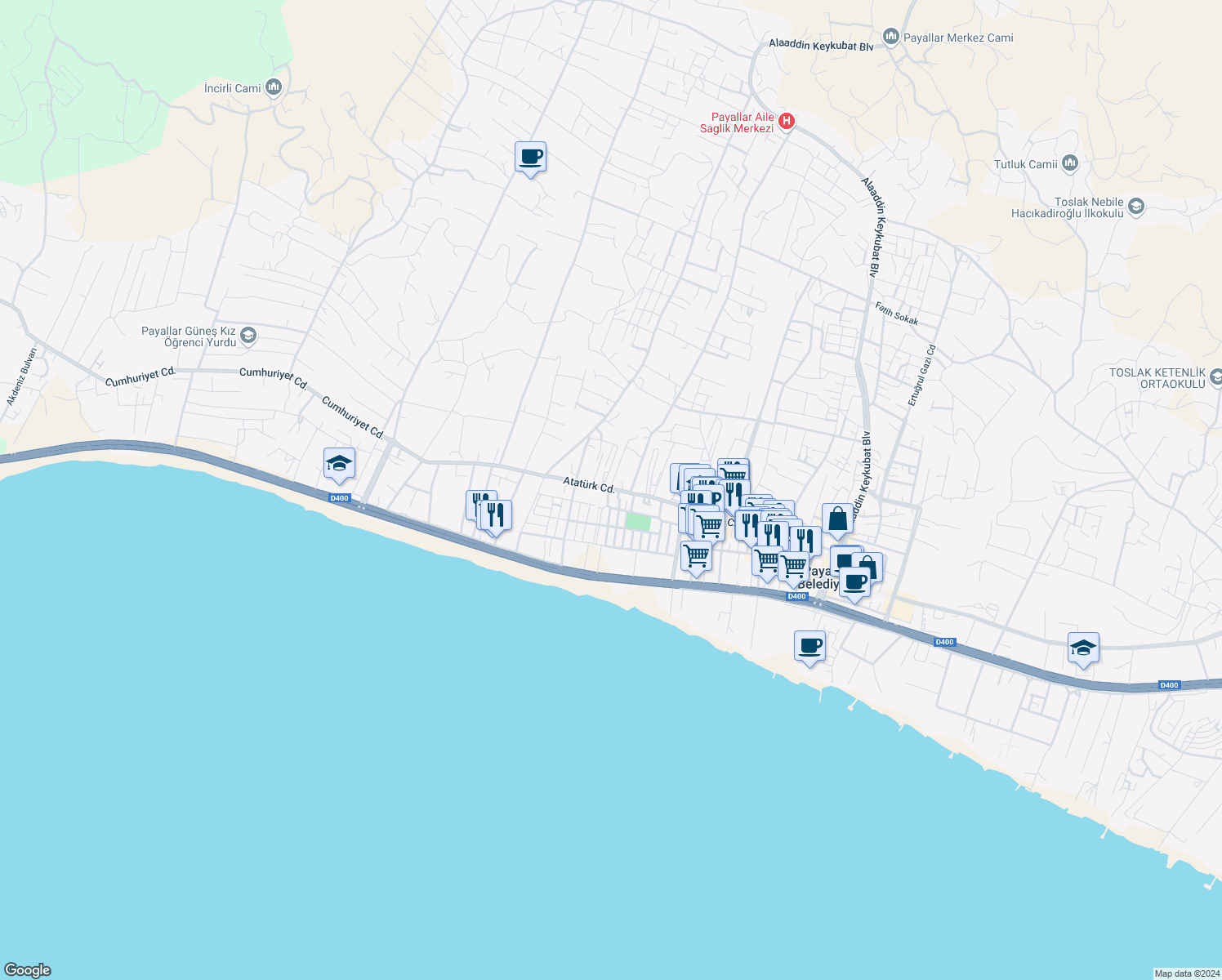 map of restaurants, bars, coffee shops, grocery stores, and more near Atatürk Caddesi in Payallar