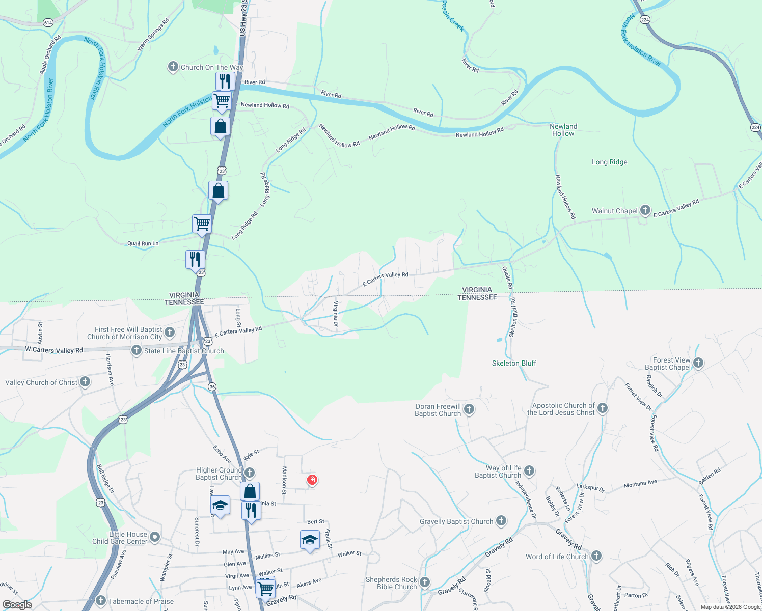 map of restaurants, bars, coffee shops, grocery stores, and more near 176 Flanary Street in Kingsport