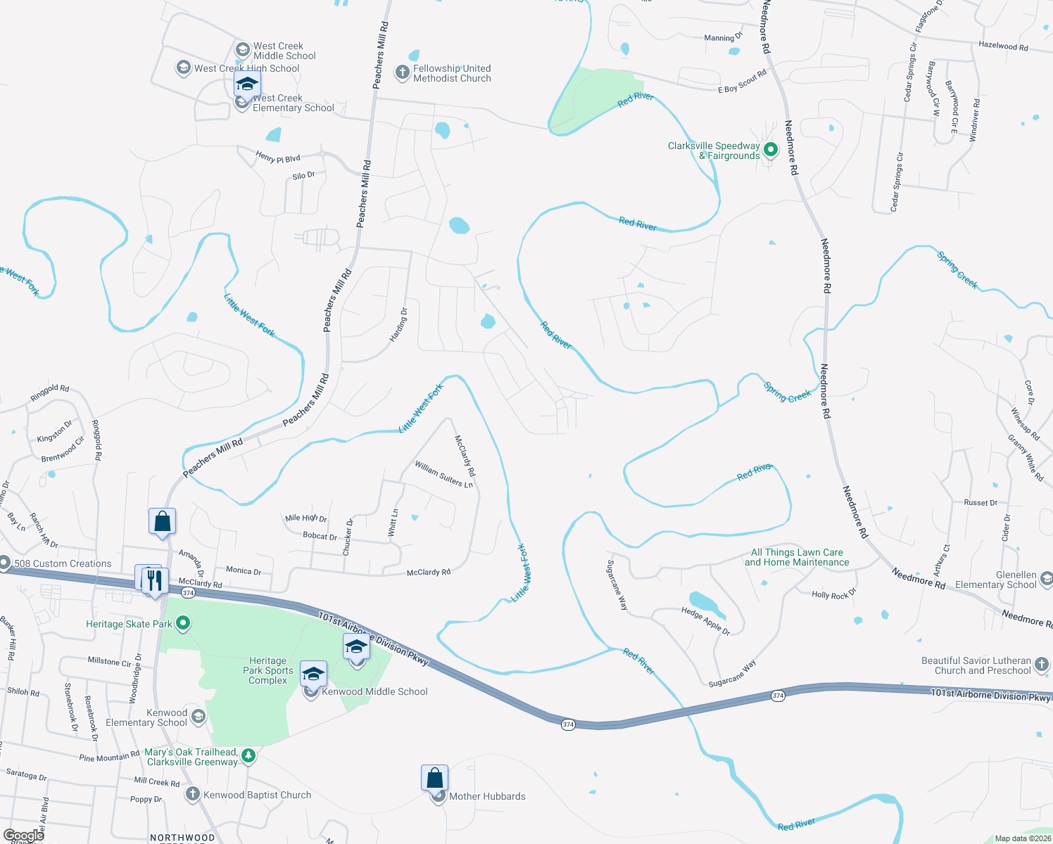 map of restaurants, bars, coffee shops, grocery stores, and more near 2314 Allen Griffey Road in Clarksville