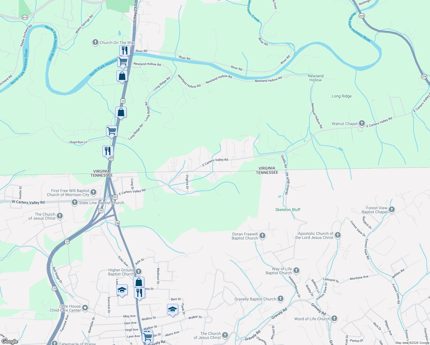 map of restaurants, bars, coffee shops, grocery stores, and more near 184 Flanary Street in Kingsport