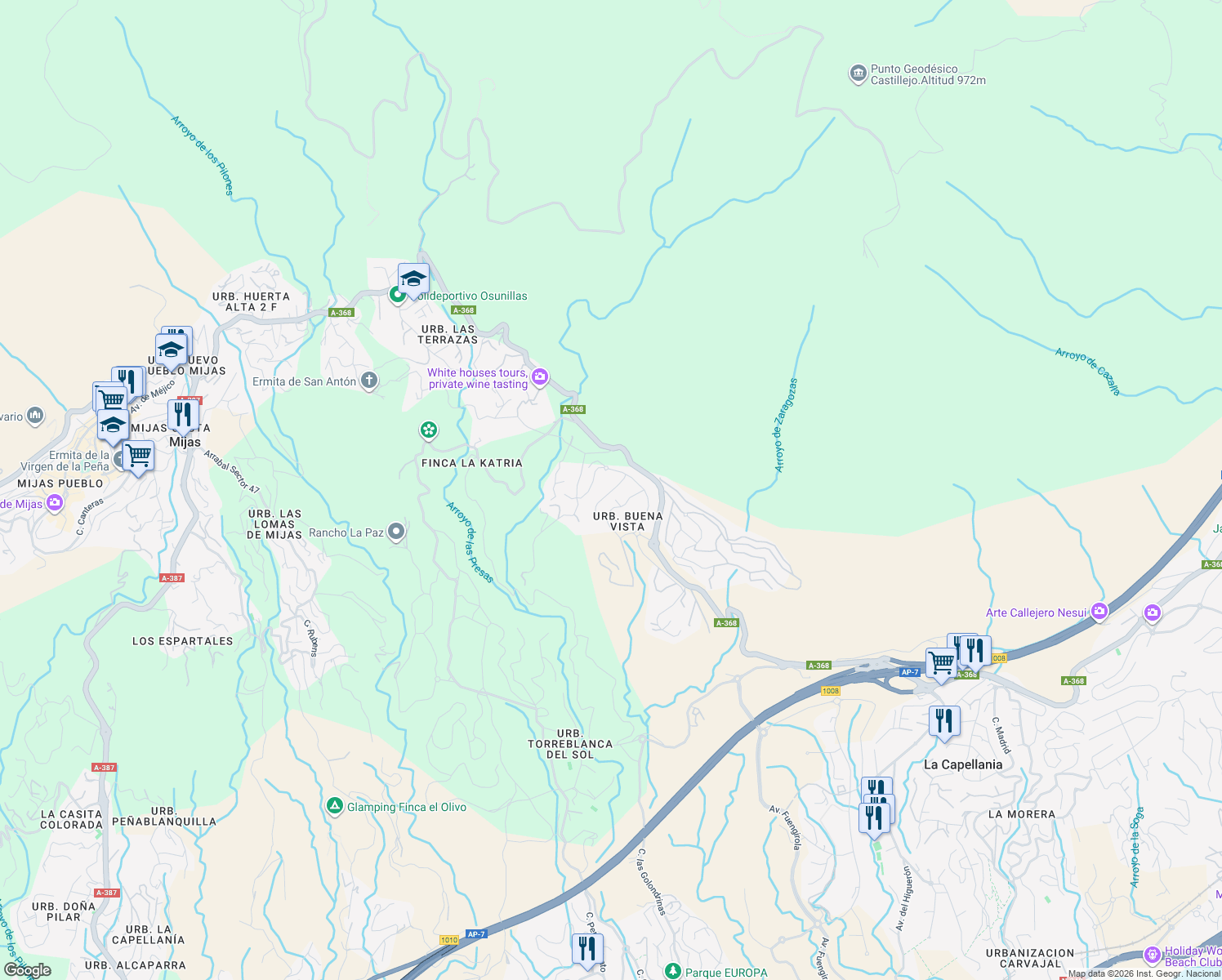 map of restaurants, bars, coffee shops, grocery stores, and more near 95 Lugar Urbanizacion Buenavista in Málaga