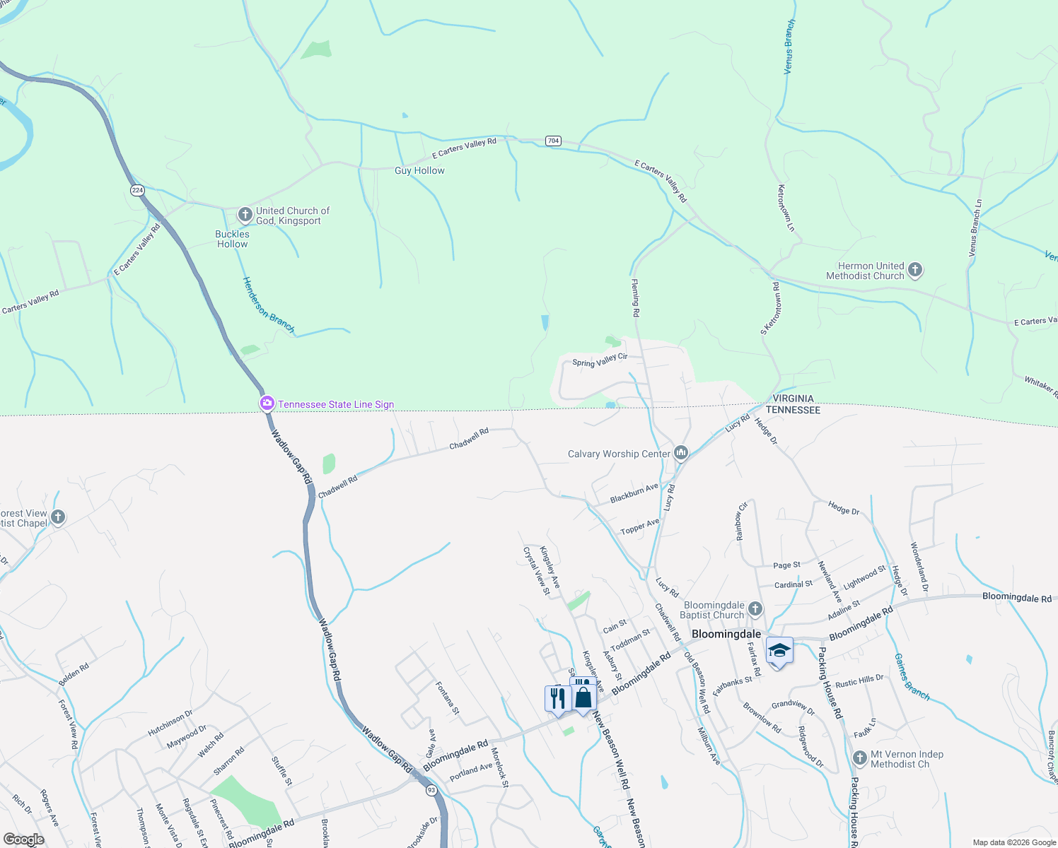 map of restaurants, bars, coffee shops, grocery stores, and more near 725 Chadwell Road in Kingsport