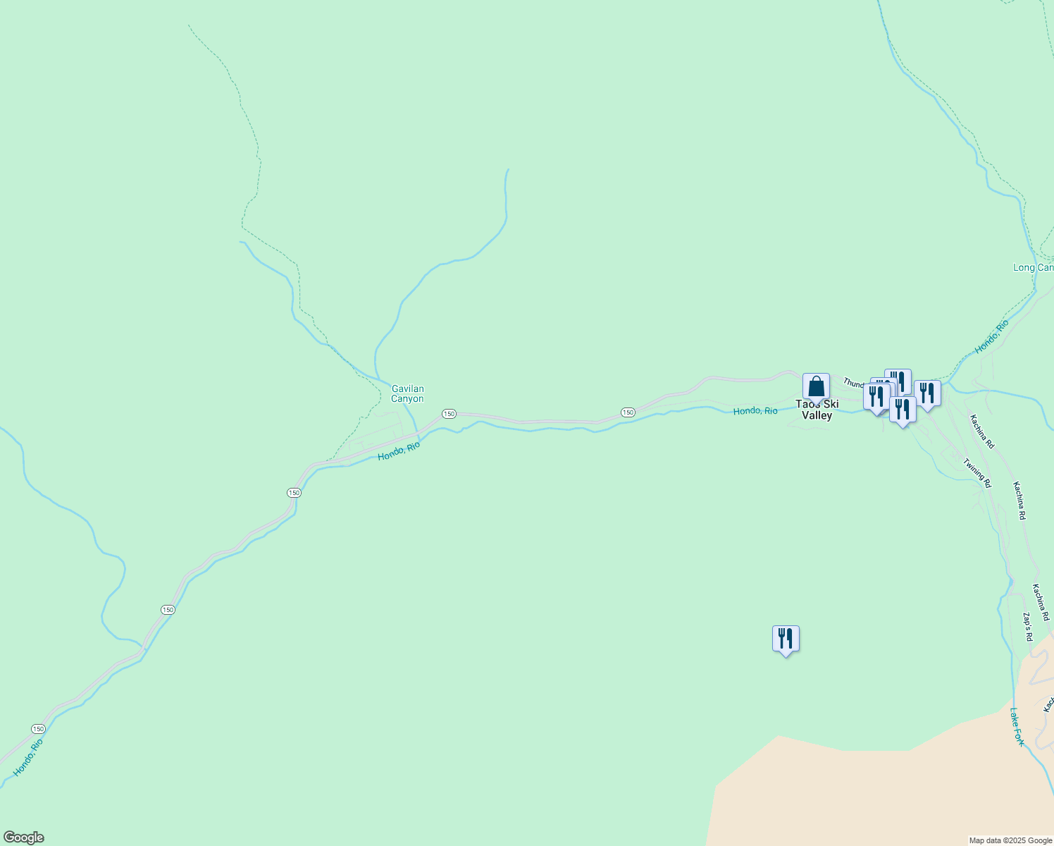 map of restaurants, bars, coffee shops, grocery stores, and more near 1201 New Mexico 150 in Taos Ski Valley