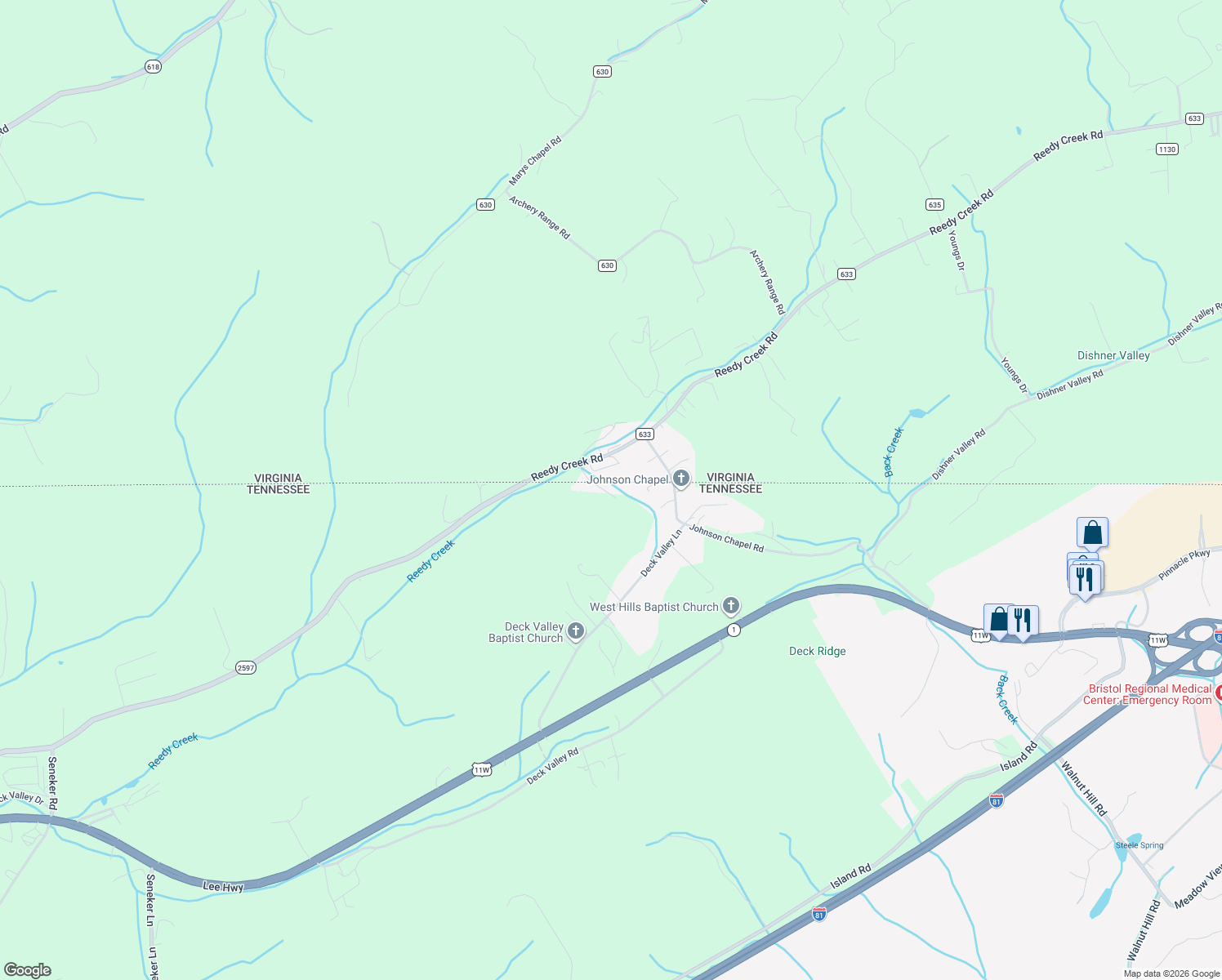 map of restaurants, bars, coffee shops, grocery stores, and more near 115 Reedy Creek Rd in Bristol