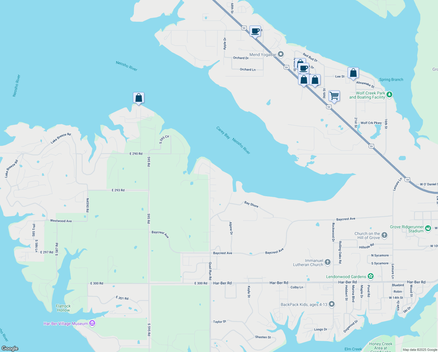 map of restaurants, bars, coffee shops, grocery stores, and more near 205 Walnut Circle in Grove
