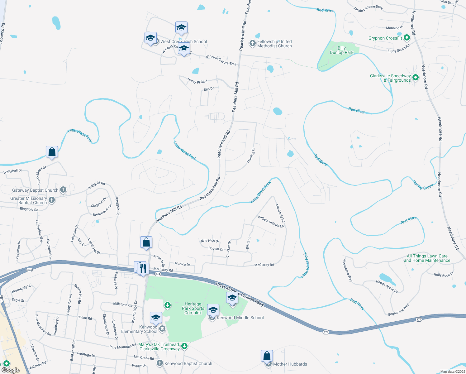 map of restaurants, bars, coffee shops, grocery stores, and more near 1487 Mckinley Court in Clarksville