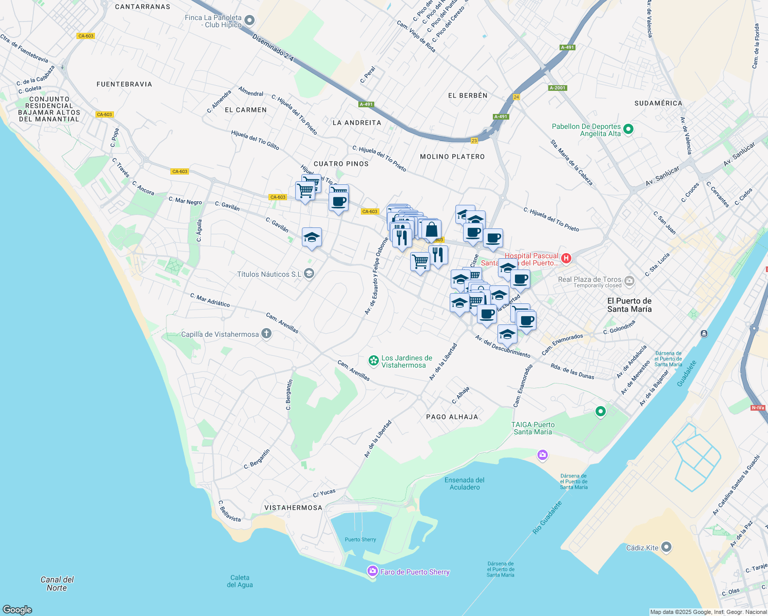 map of restaurants, bars, coffee shops, grocery stores, and more near 14D Calle Abeto in El Puerto de Santa María