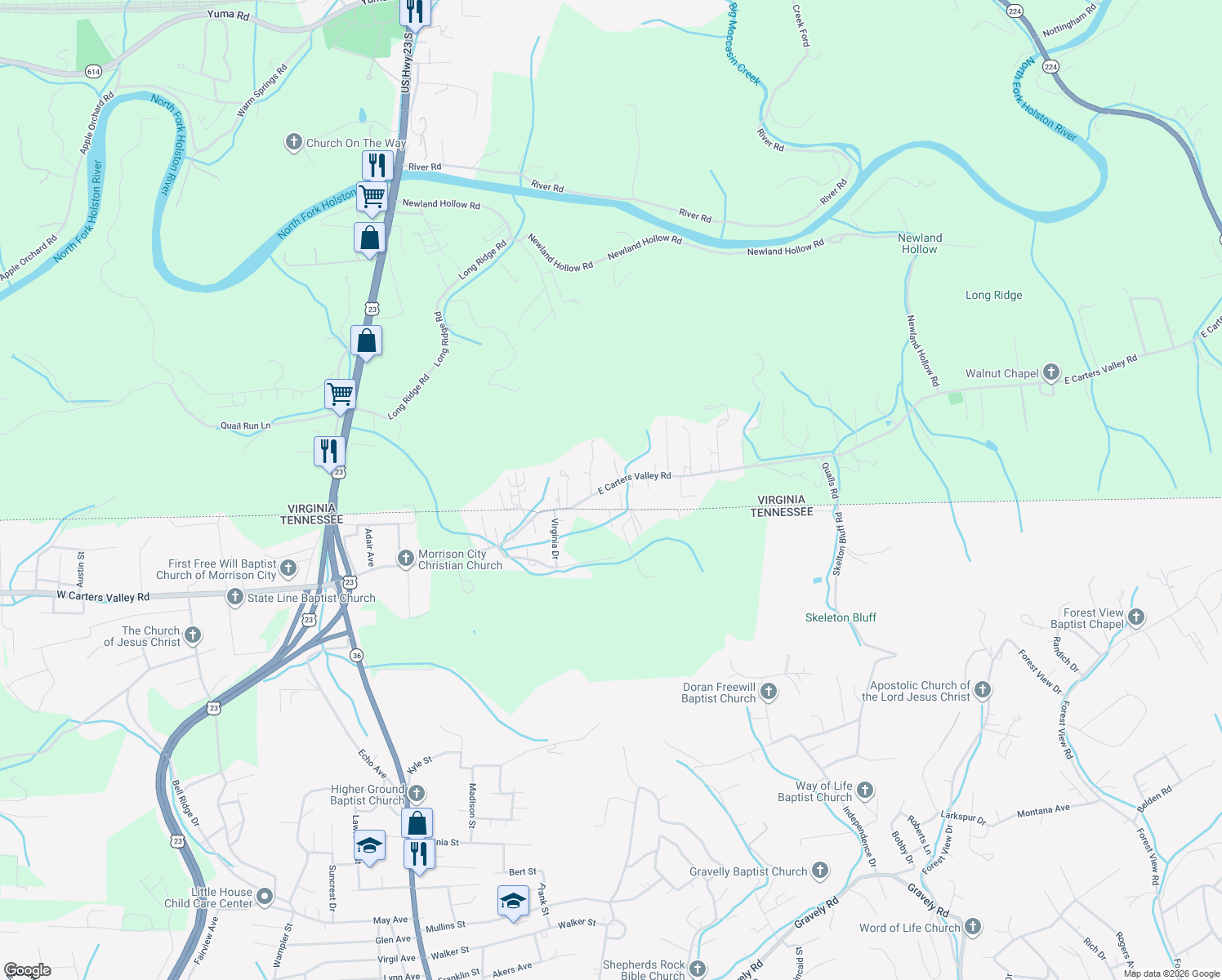 map of restaurants, bars, coffee shops, grocery stores, and more near 560 East Carters Valley Road in Gate City