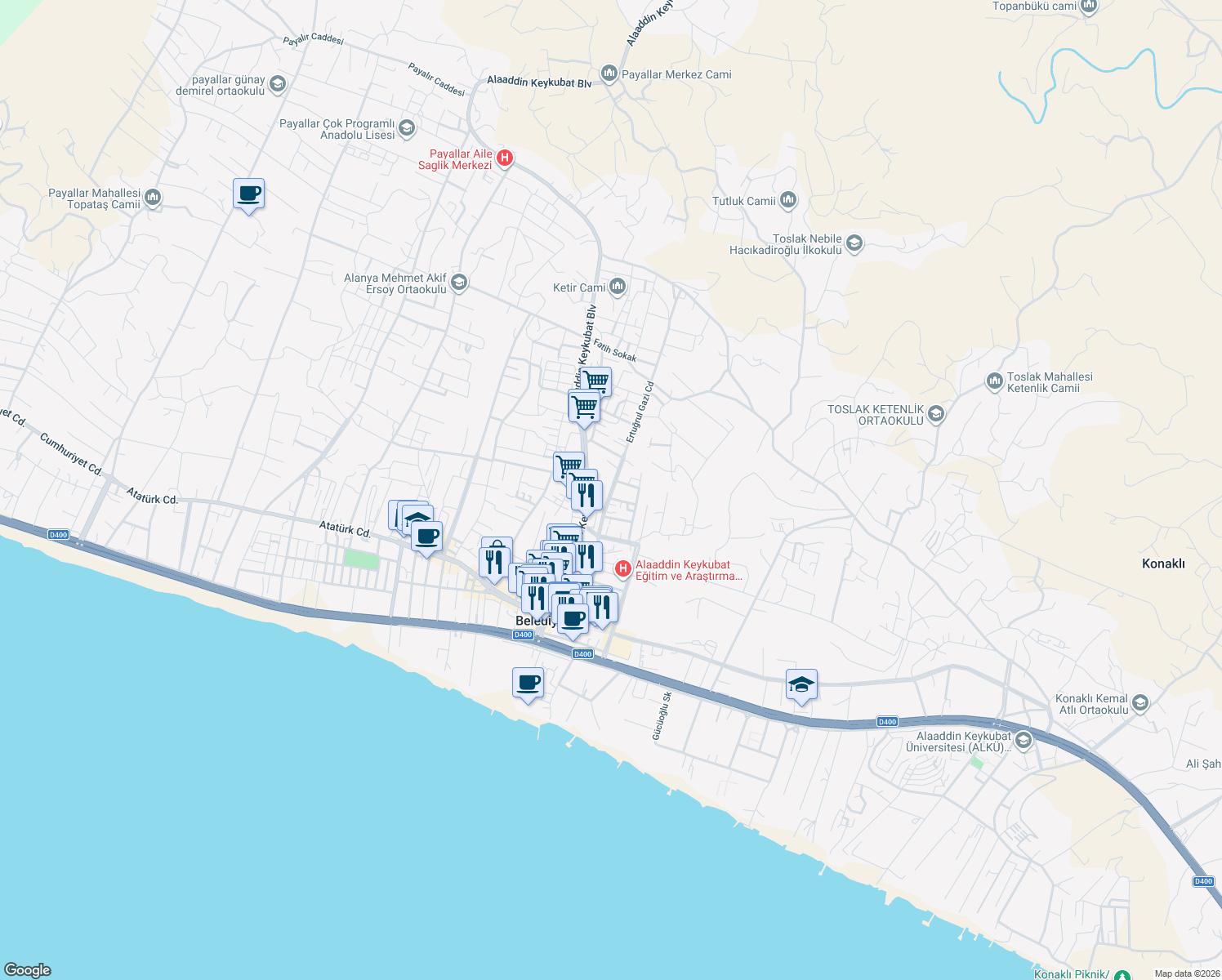 map of restaurants, bars, coffee shops, grocery stores, and more near 55 Ertuğrul Gazi Caddesi in Alanya