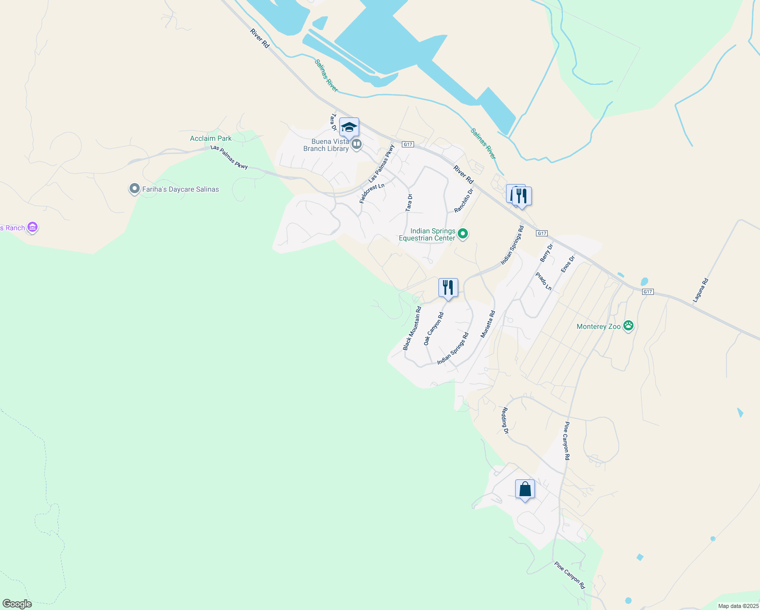 map of restaurants, bars, coffee shops, grocery stores, and more near 270 River Road in Salinas