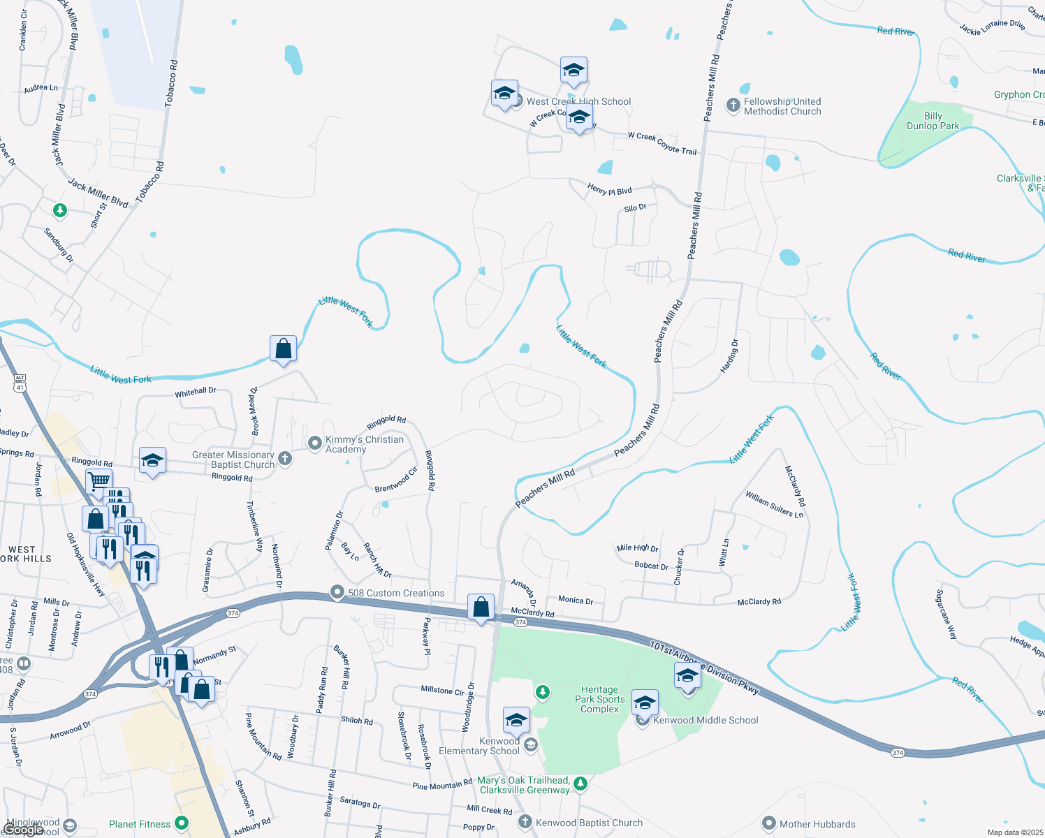 map of restaurants, bars, coffee shops, grocery stores, and more near 1096 Castlerock Drive in Clarksville