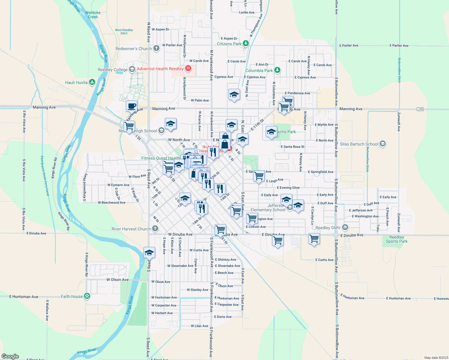 map of restaurants, bars, coffee shops, grocery stores, and more near 1265 E Street in Reedley