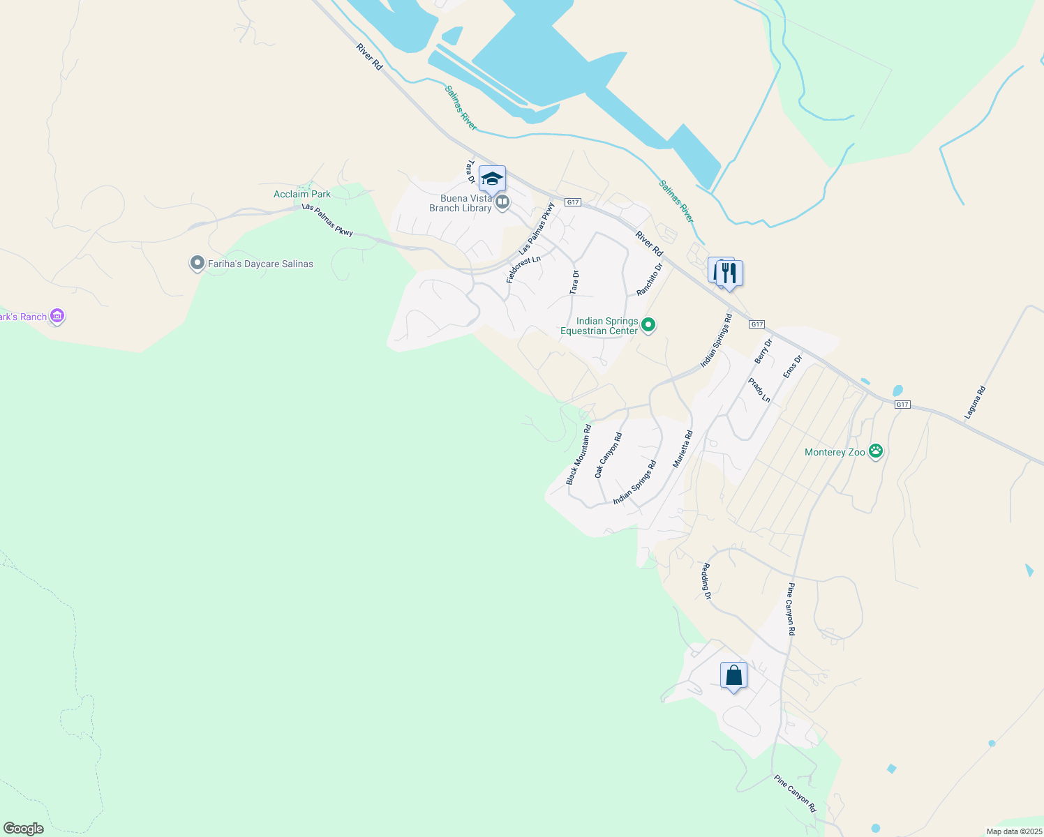 map of restaurants, bars, coffee shops, grocery stores, and more near 270 River Road in Salinas
