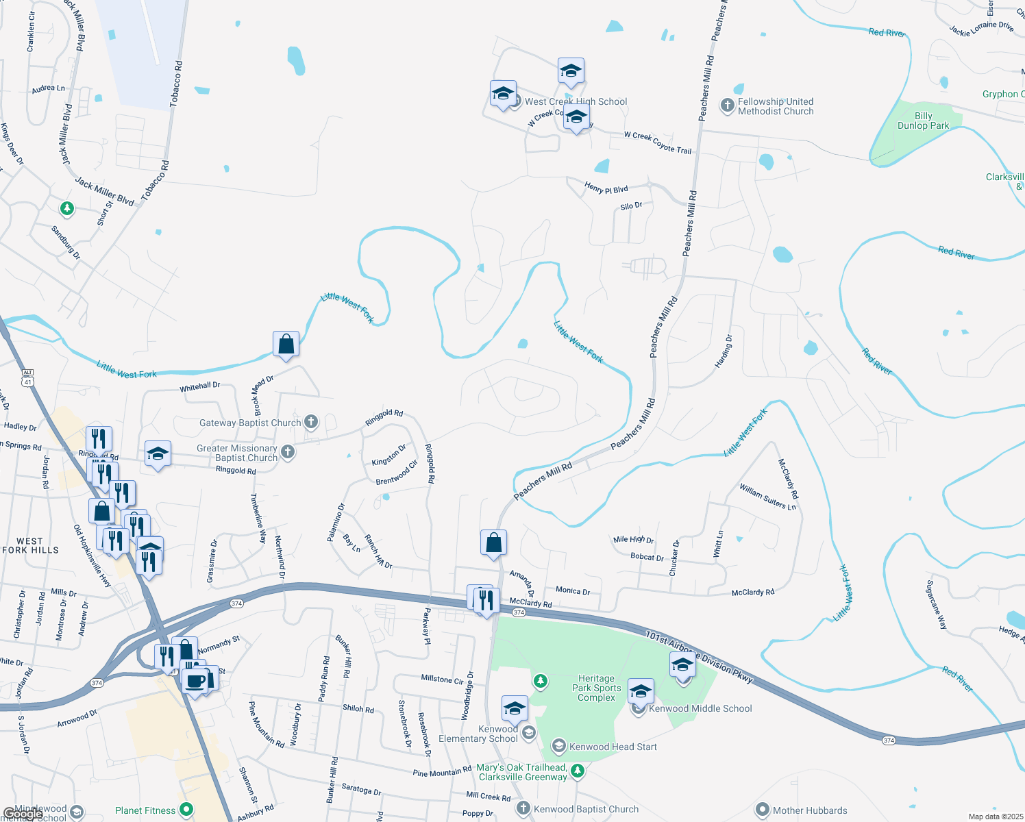 map of restaurants, bars, coffee shops, grocery stores, and more near 1089 Castlerock Drive in Clarksville