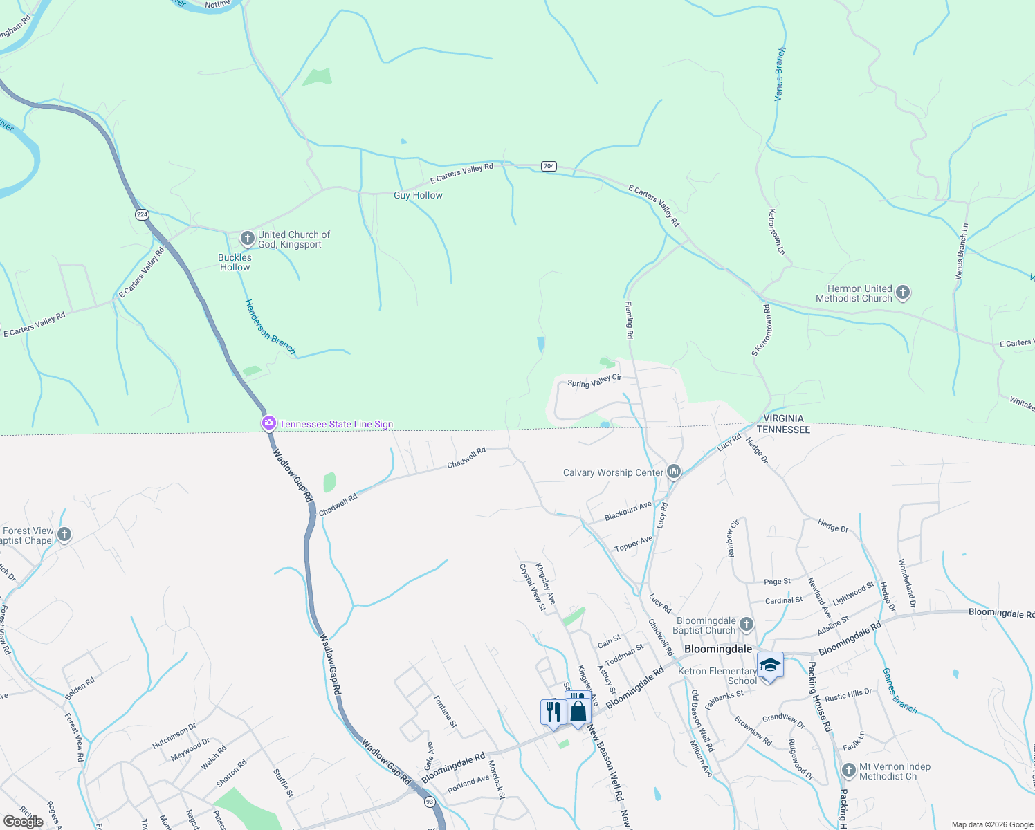 map of restaurants, bars, coffee shops, grocery stores, and more near 725 Chadwell Road in Kingsport