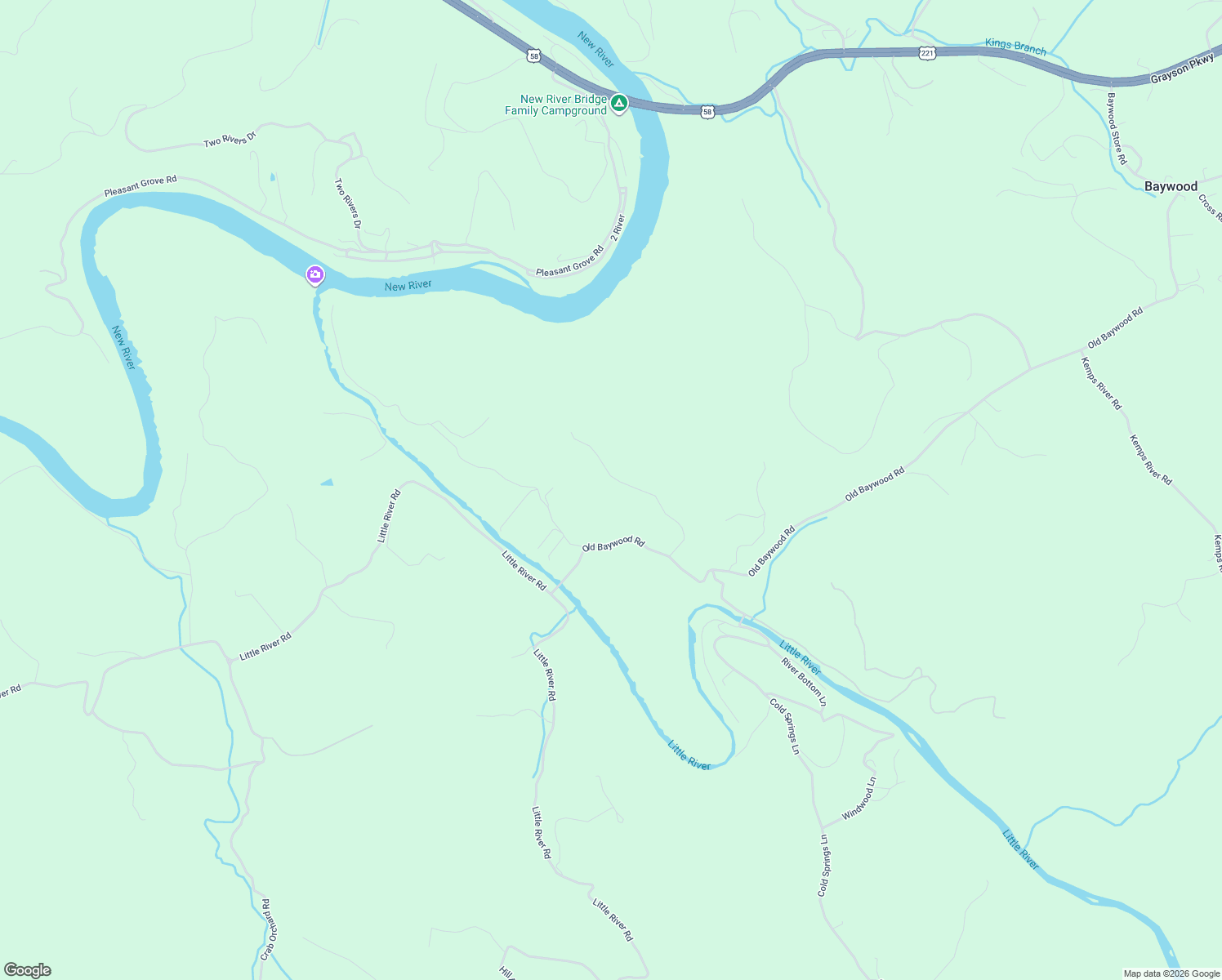 map of restaurants, bars, coffee shops, grocery stores, and more near 174 Waterfront Lane in Galax
