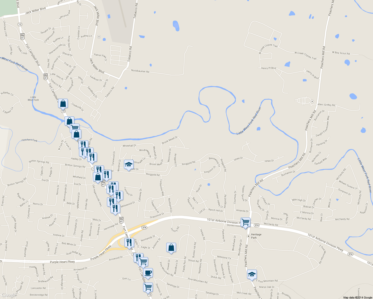 map of restaurants, bars, coffee shops, grocery stores, and more near 202 Sarah Elizabeth Drive in Clarksville