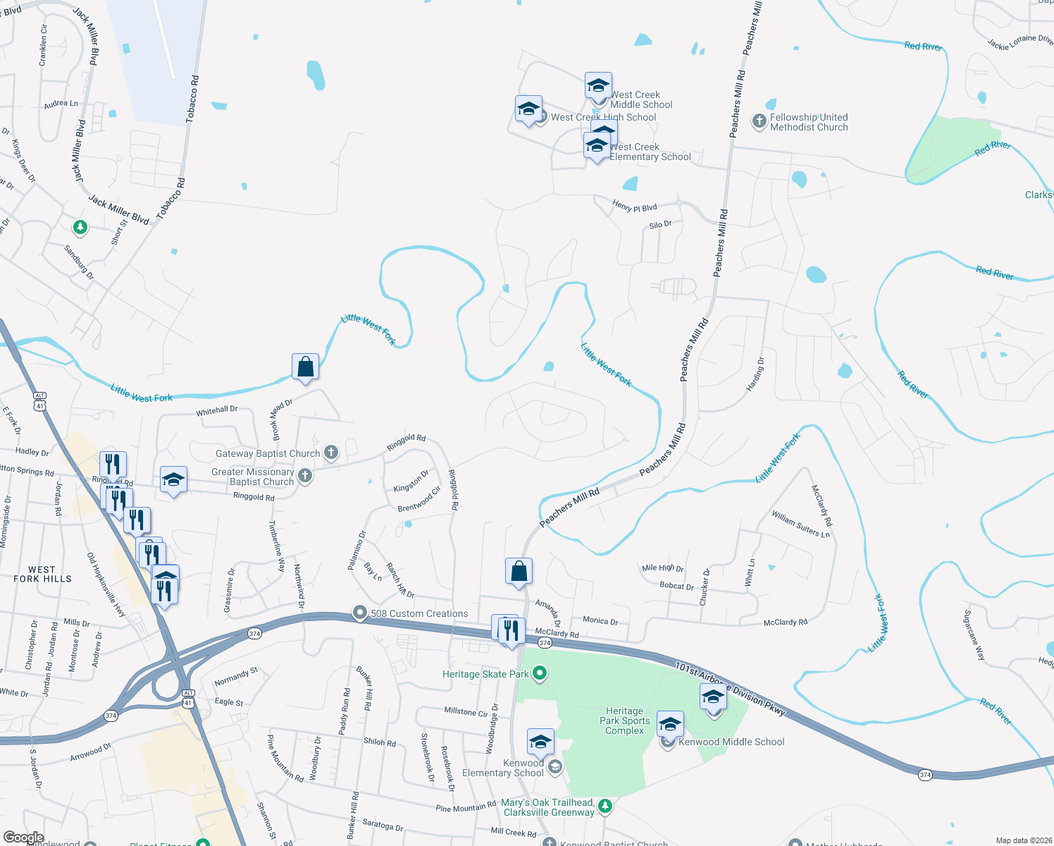 map of restaurants, bars, coffee shops, grocery stores, and more near 1073 Castlerock Drive in Clarksville