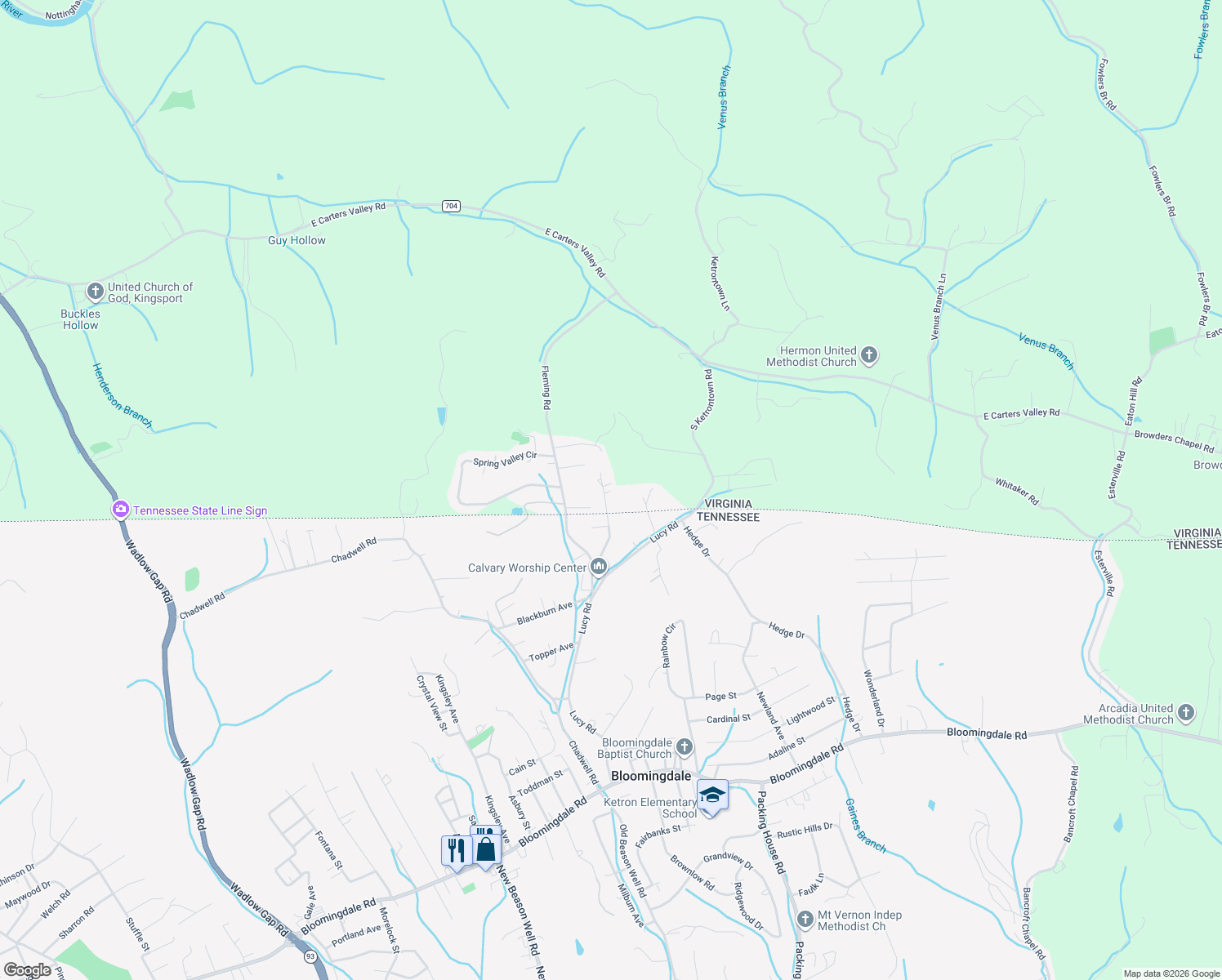 map of restaurants, bars, coffee shops, grocery stores, and more near 372 Ernie Drive in Kingsport