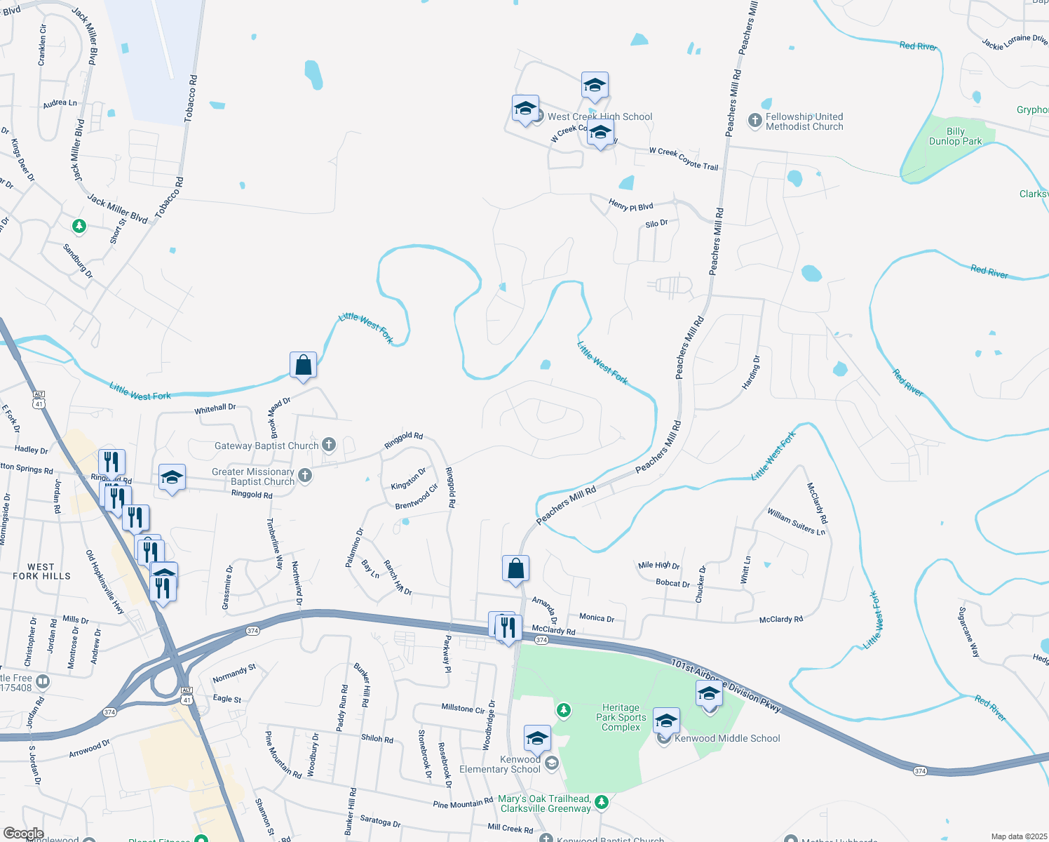 map of restaurants, bars, coffee shops, grocery stores, and more near 1073 Castlerock Drive in Clarksville
