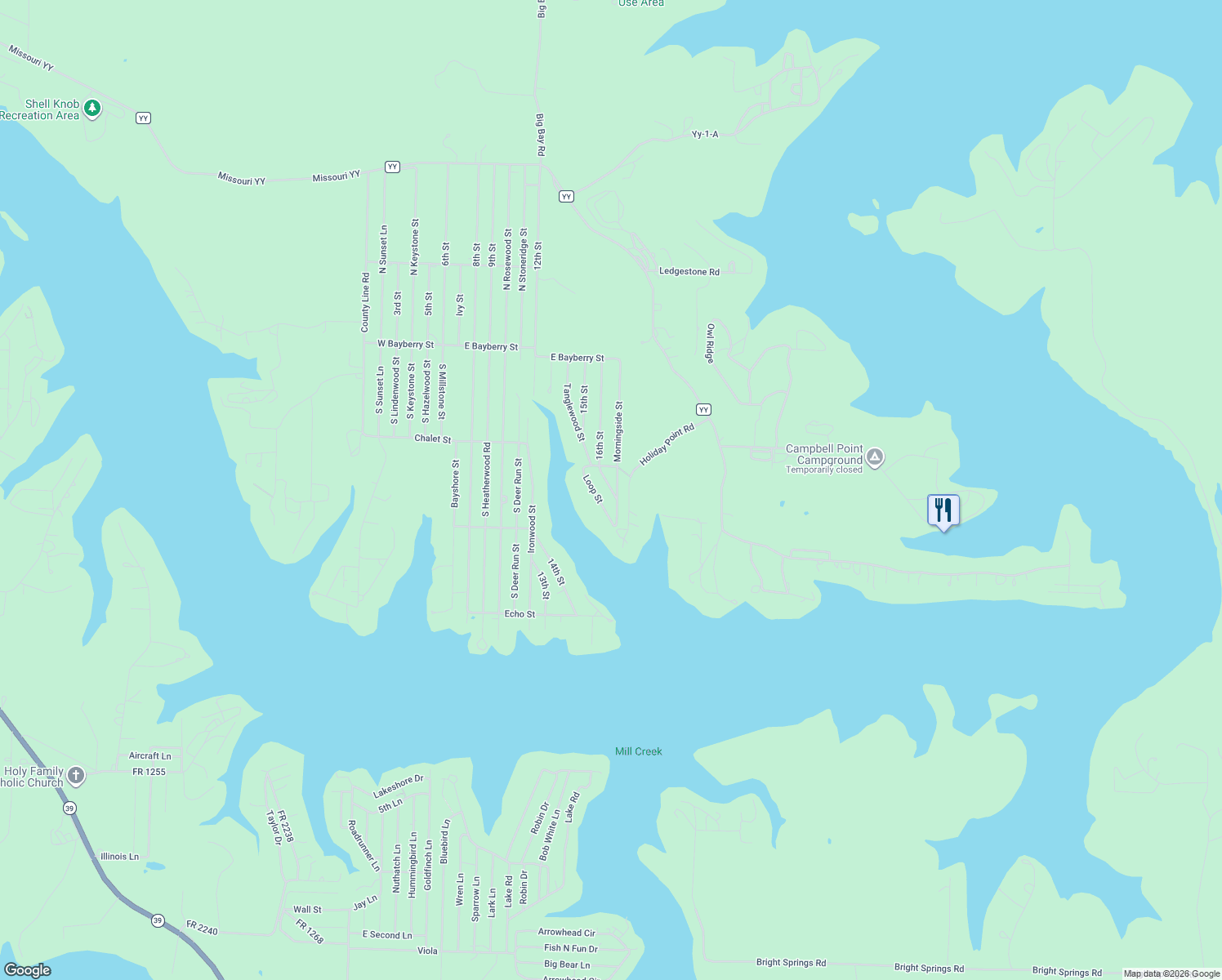 map of restaurants, bars, coffee shops, grocery stores, and more near 389 16th Street in Shell Knob