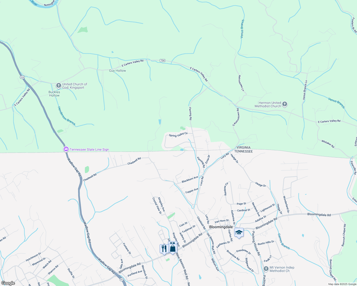 map of restaurants, bars, coffee shops, grocery stores, and more near Spring Valley Circle in Gate City