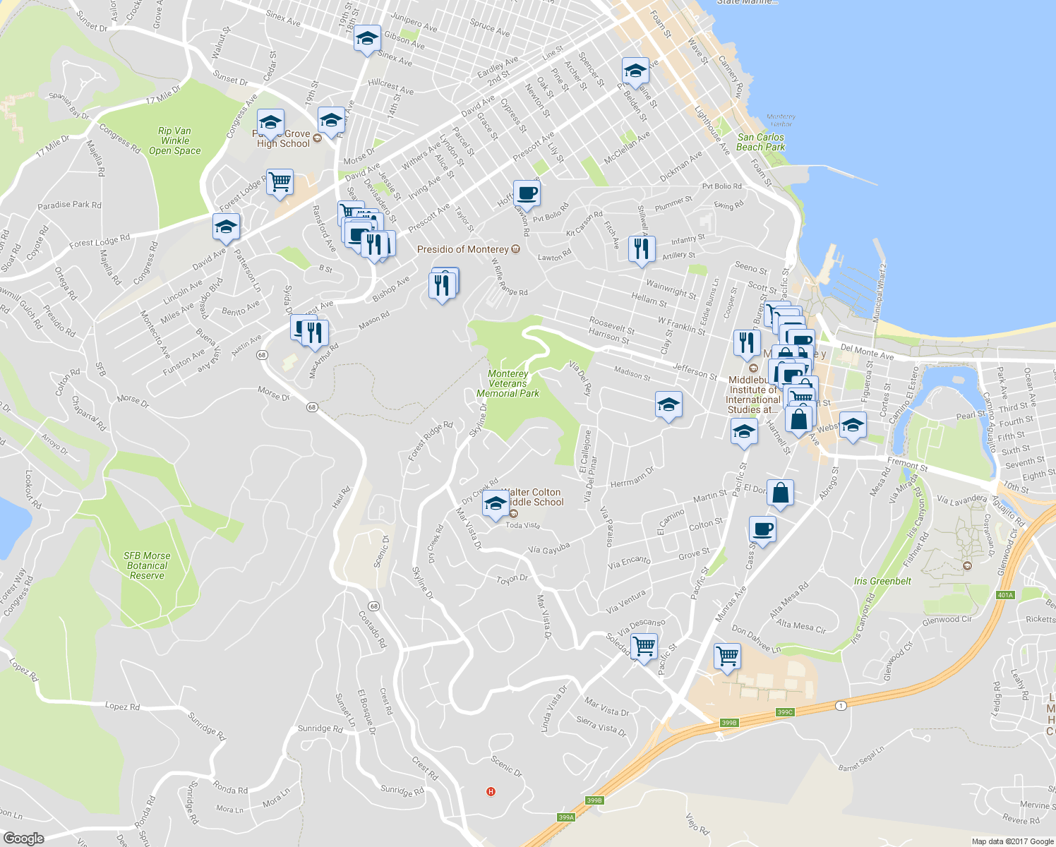map of restaurants, bars, coffee shops, grocery stores, and more near 12 Cramden Drive in Monterey