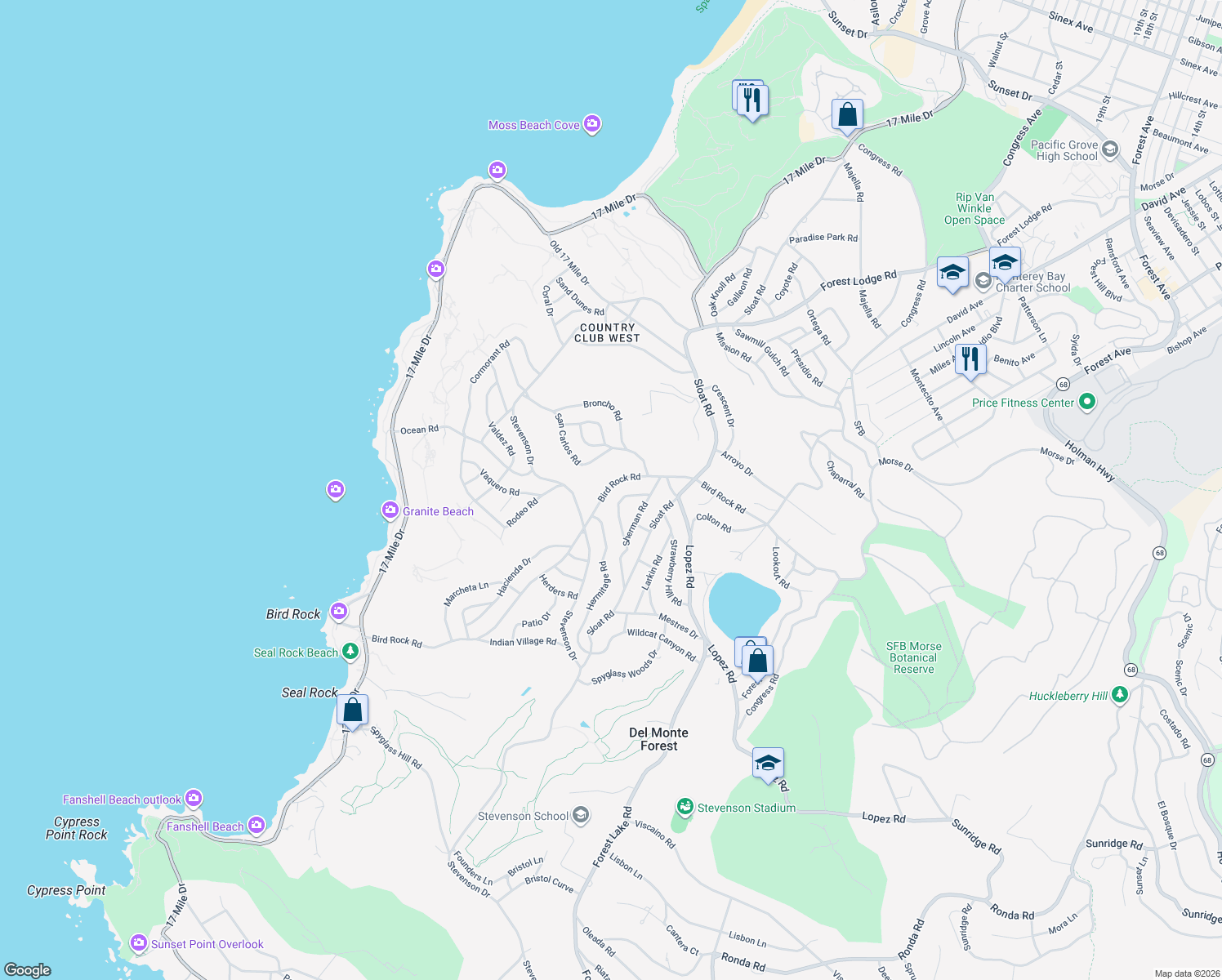 map of restaurants, bars, coffee shops, grocery stores, and more near 3045 Bird Rock Road in Del Monte Forest