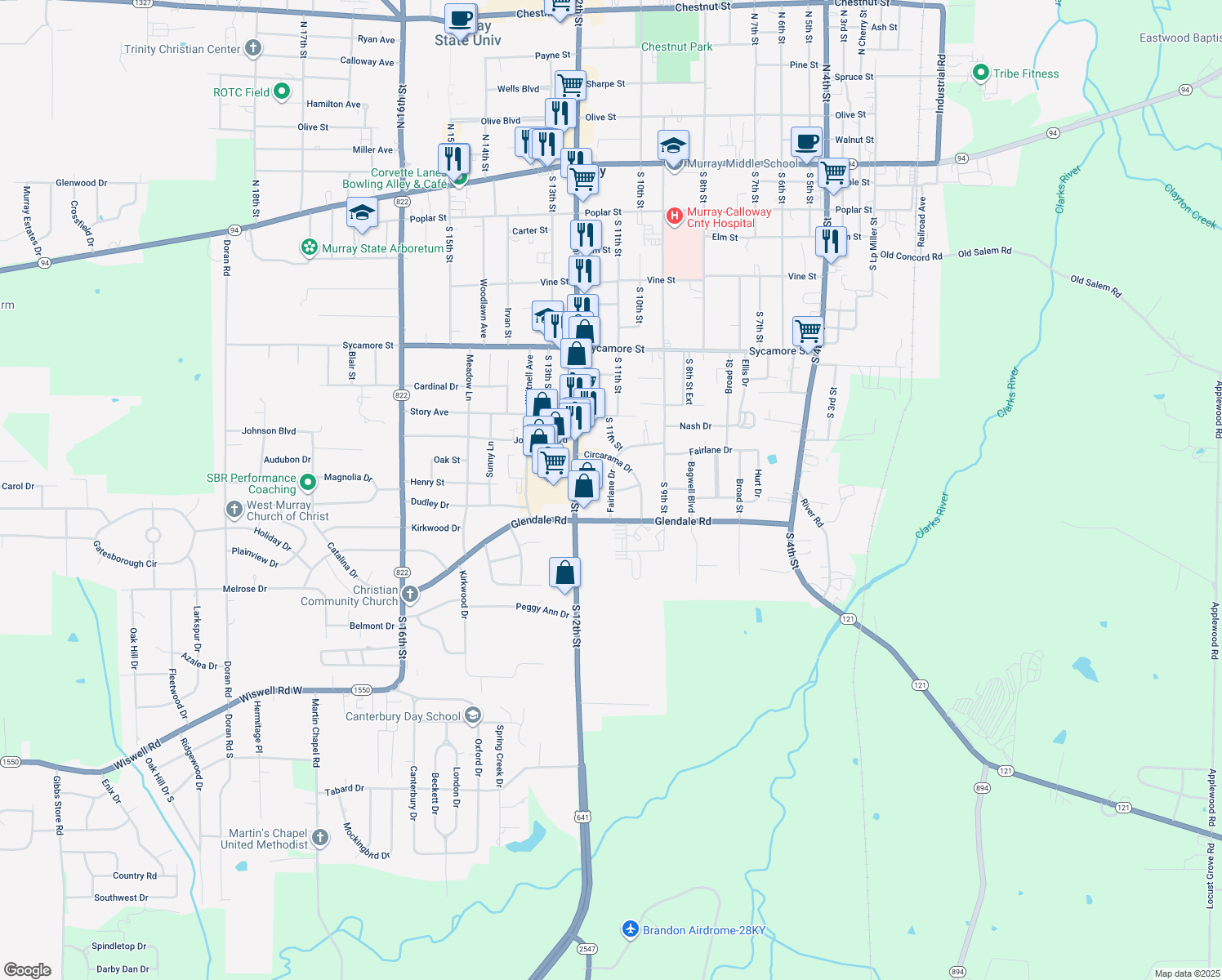 map of restaurants, bars, coffee shops, grocery stores, and more near 1006 Irene Terrace in Murray