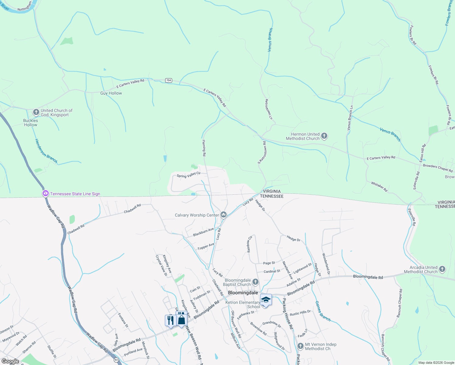 map of restaurants, bars, coffee shops, grocery stores, and more near 372 Ernie Drive in Kingsport