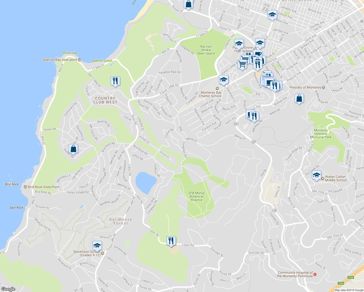 map of restaurants, bars, coffee shops, grocery stores, and more near 2940 Congress Road in Del Monte Forest