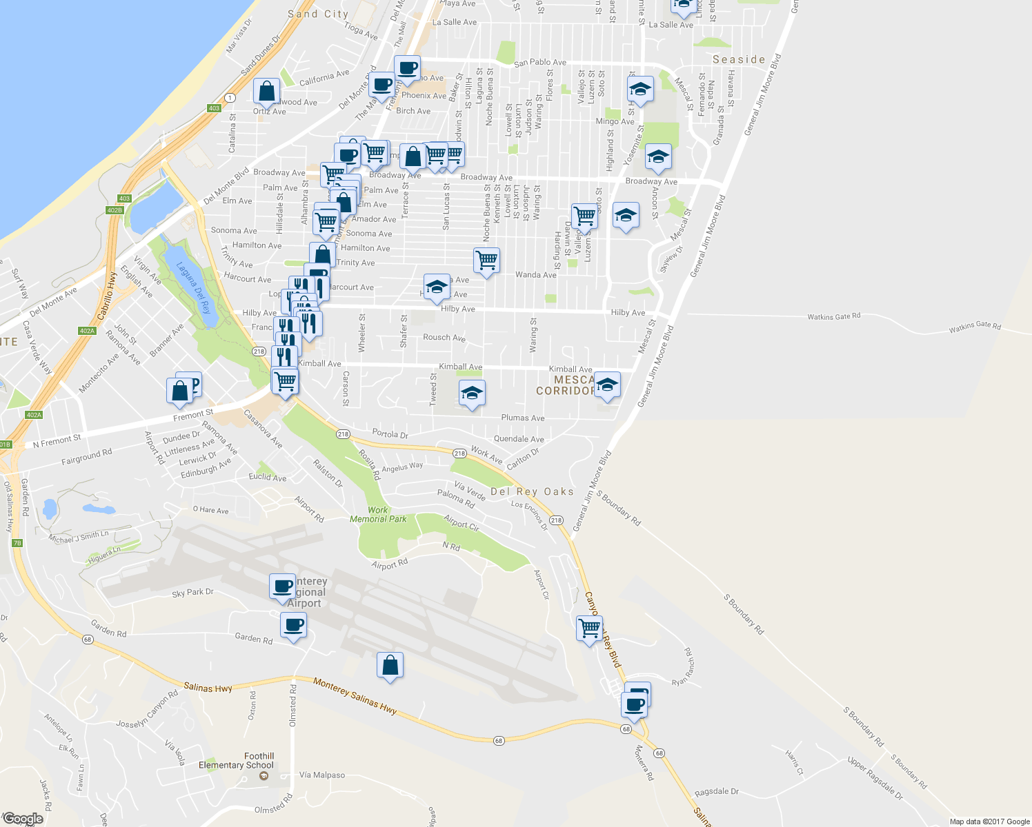 map of restaurants, bars, coffee shops, grocery stores, and more near 1375 Plumas Avenue in Seaside