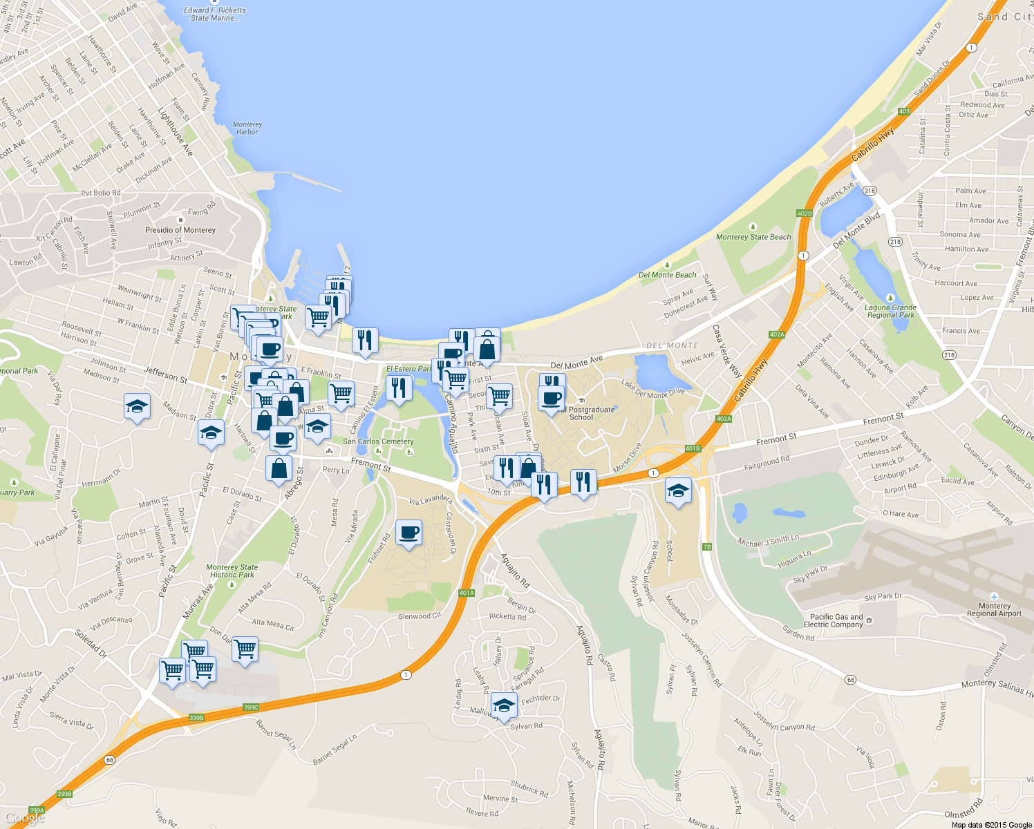 map of restaurants, bars, coffee shops, grocery stores, and more near 1271 Fourth Street in Monterey