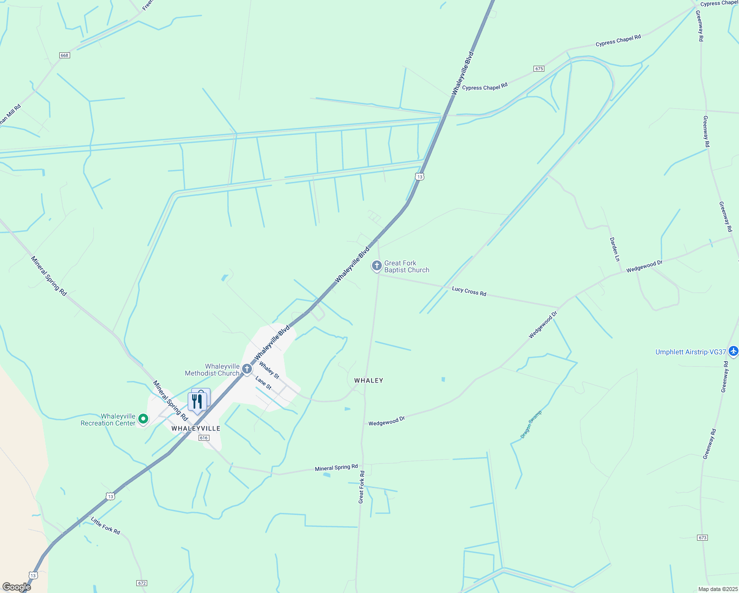map of restaurants, bars, coffee shops, grocery stores, and more near 228 Great Fork Road in Suffolk