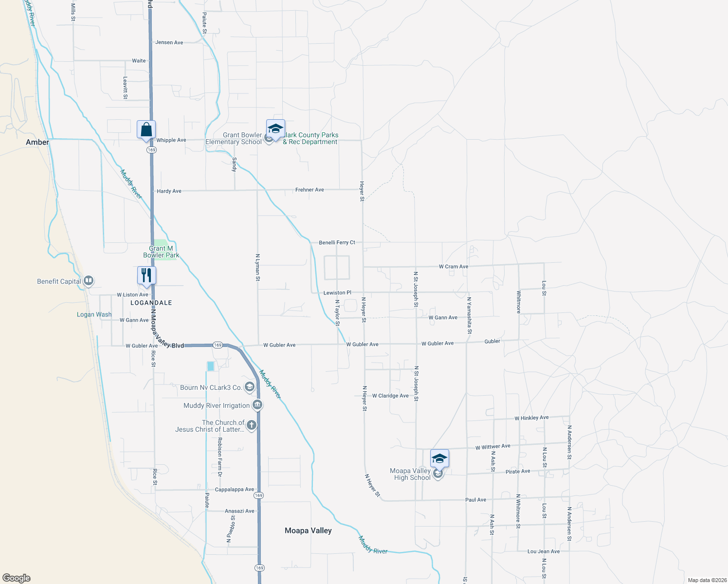 map of restaurants, bars, coffee shops, grocery stores, and more near 1272 Liston Avenue in Moapa Valley