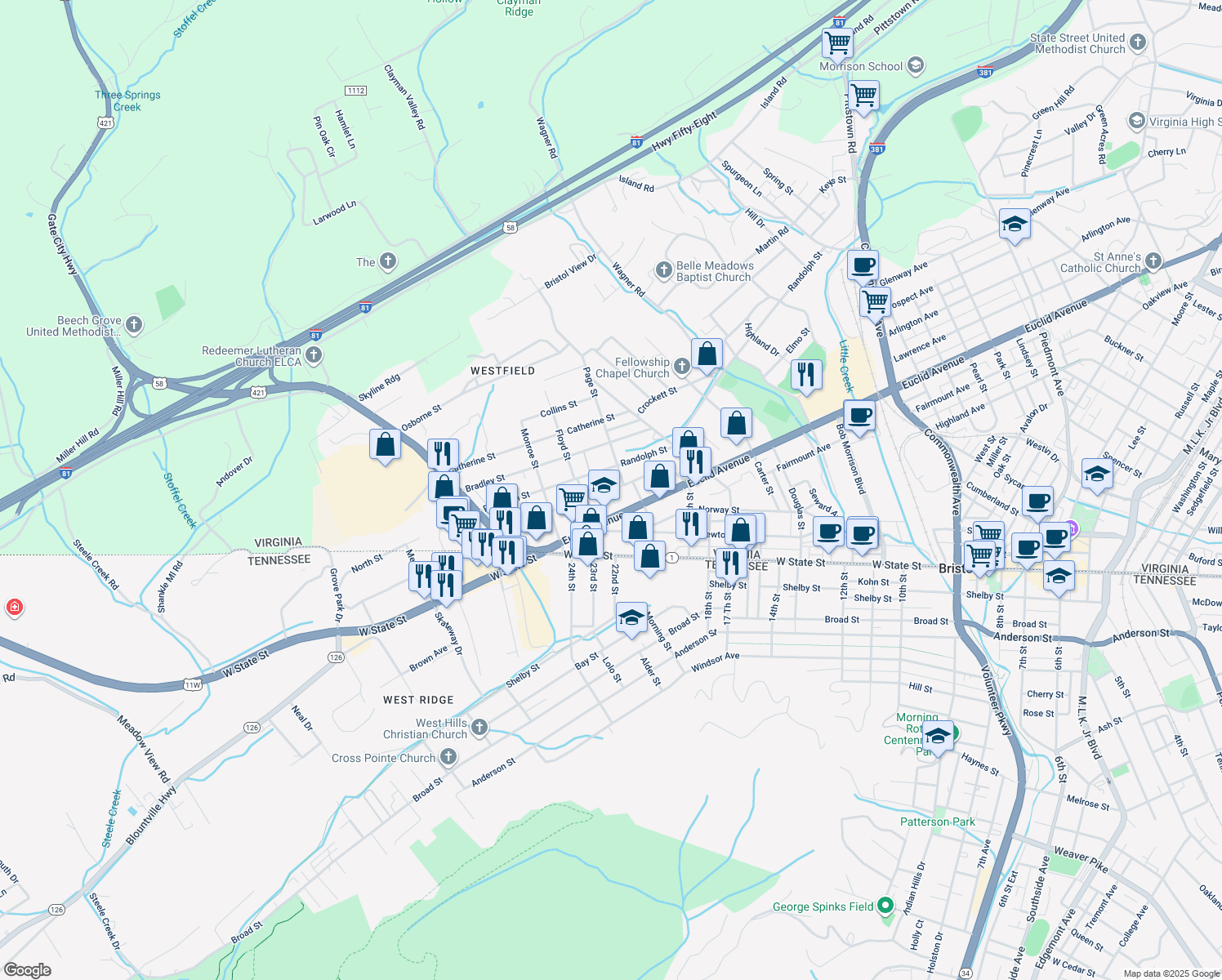 map of restaurants, bars, coffee shops, grocery stores, and more near 2085 Lawrence Ave in Bristol