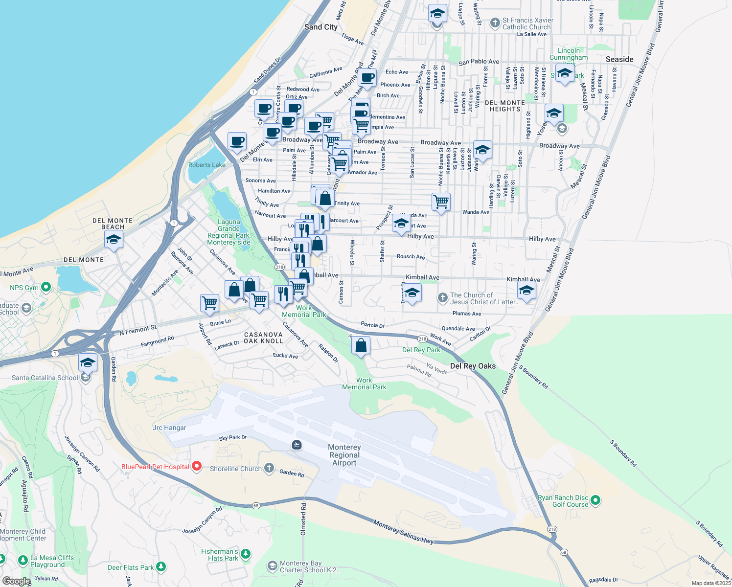 map of restaurants, bars, coffee shops, grocery stores, and more near 1051 Highlander Drive in Seaside