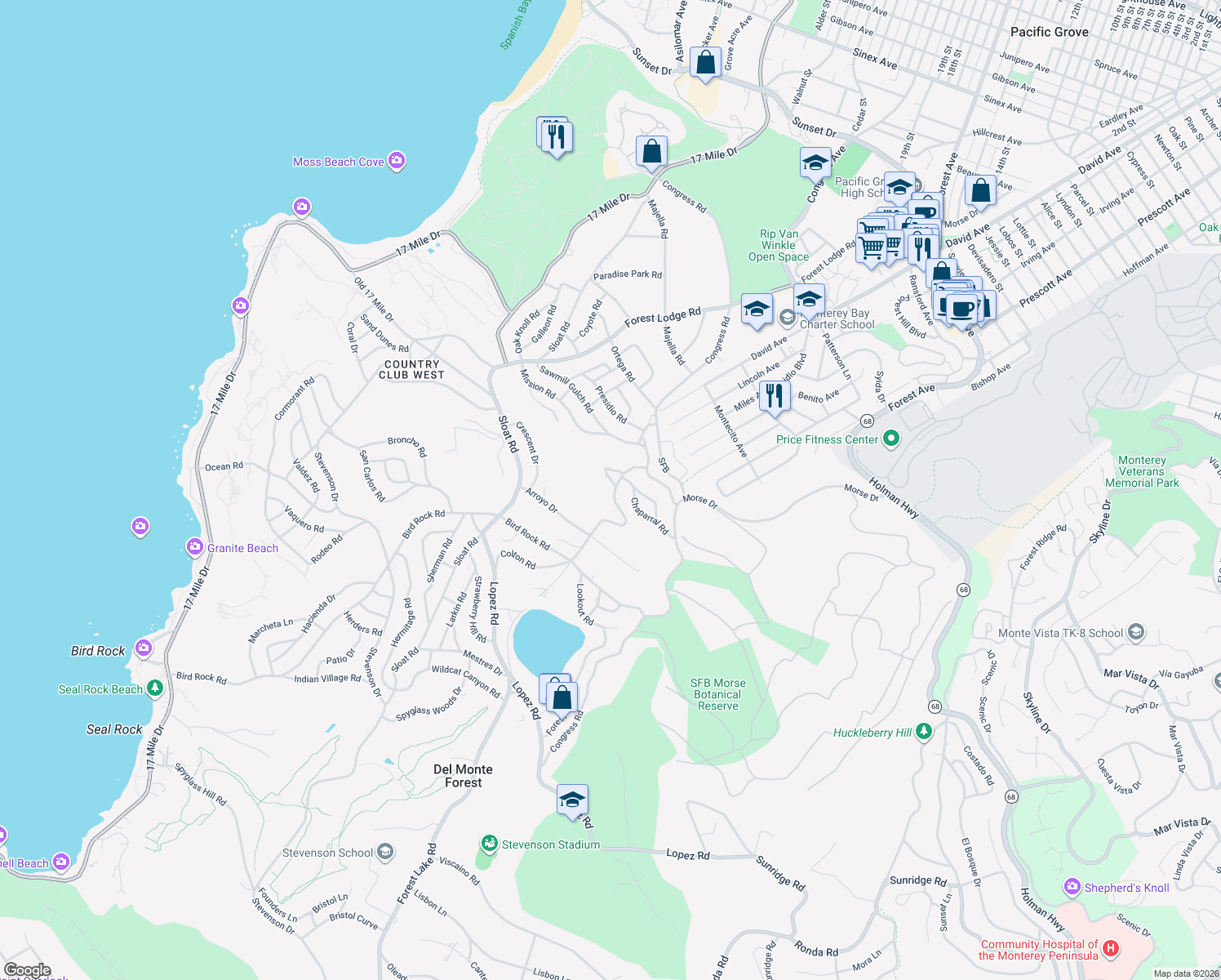 map of restaurants, bars, coffee shops, grocery stores, and more near 2914 Colton Road in Del Monte Forest