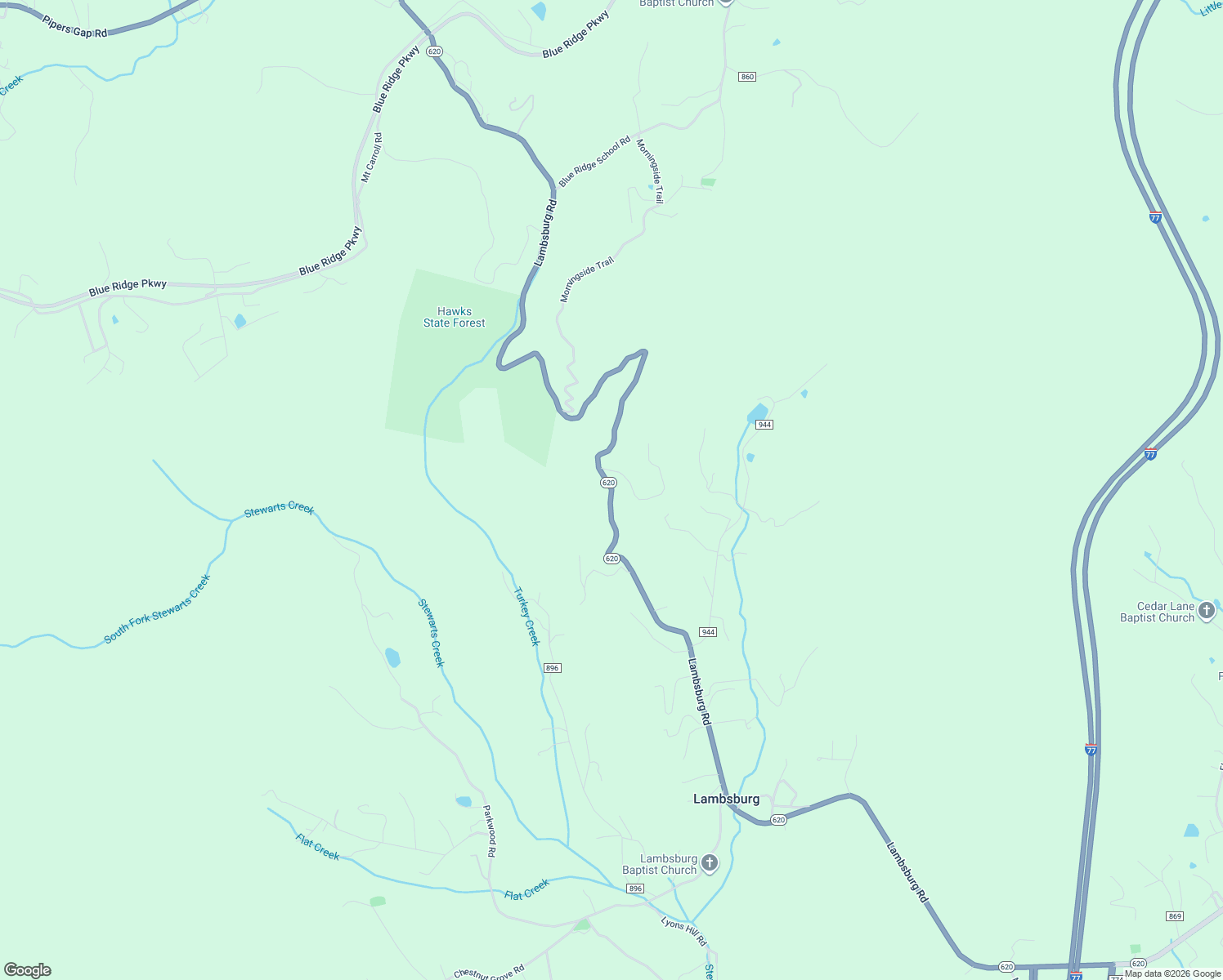 map of restaurants, bars, coffee shops, grocery stores, and more near Lambsburg Road in Lambsburg