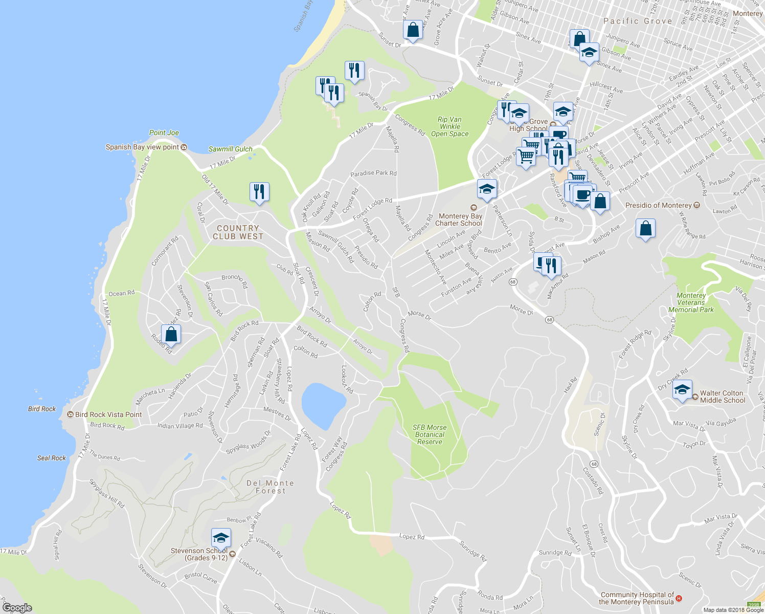 map of restaurants, bars, coffee shops, grocery stores, and more near 1139 Arrowhead Road in Del Monte Forest