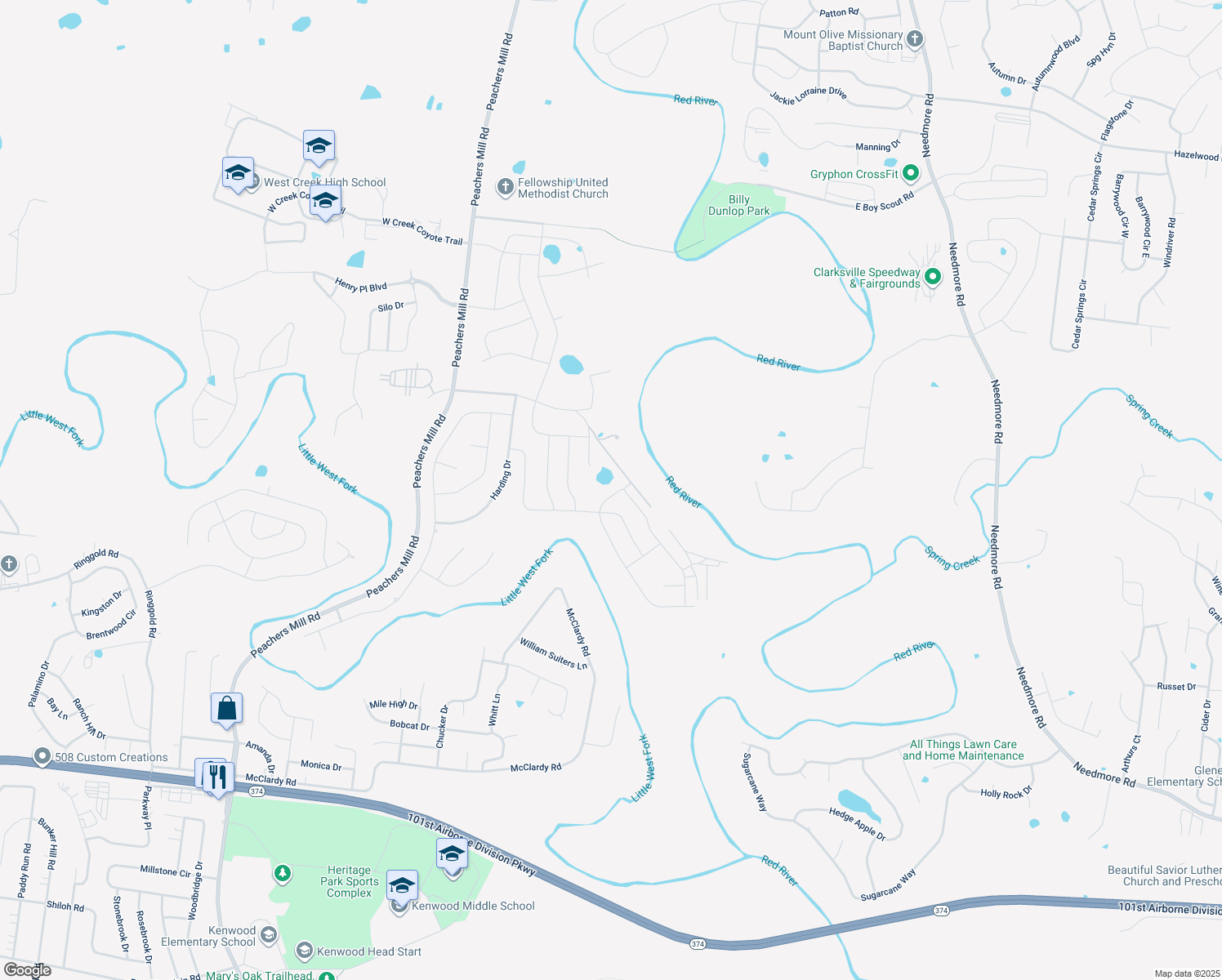 map of restaurants, bars, coffee shops, grocery stores, and more near 1029 Shirley Drive in Clarksville