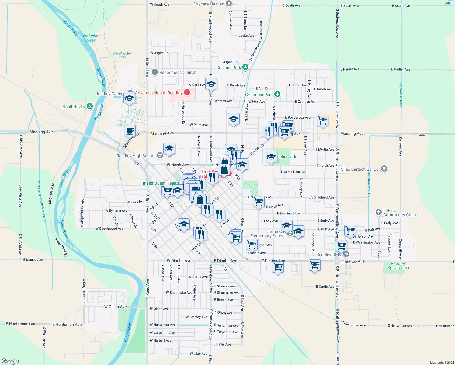 map of restaurants, bars, coffee shops, grocery stores, and more near 1131 C St in Reedley