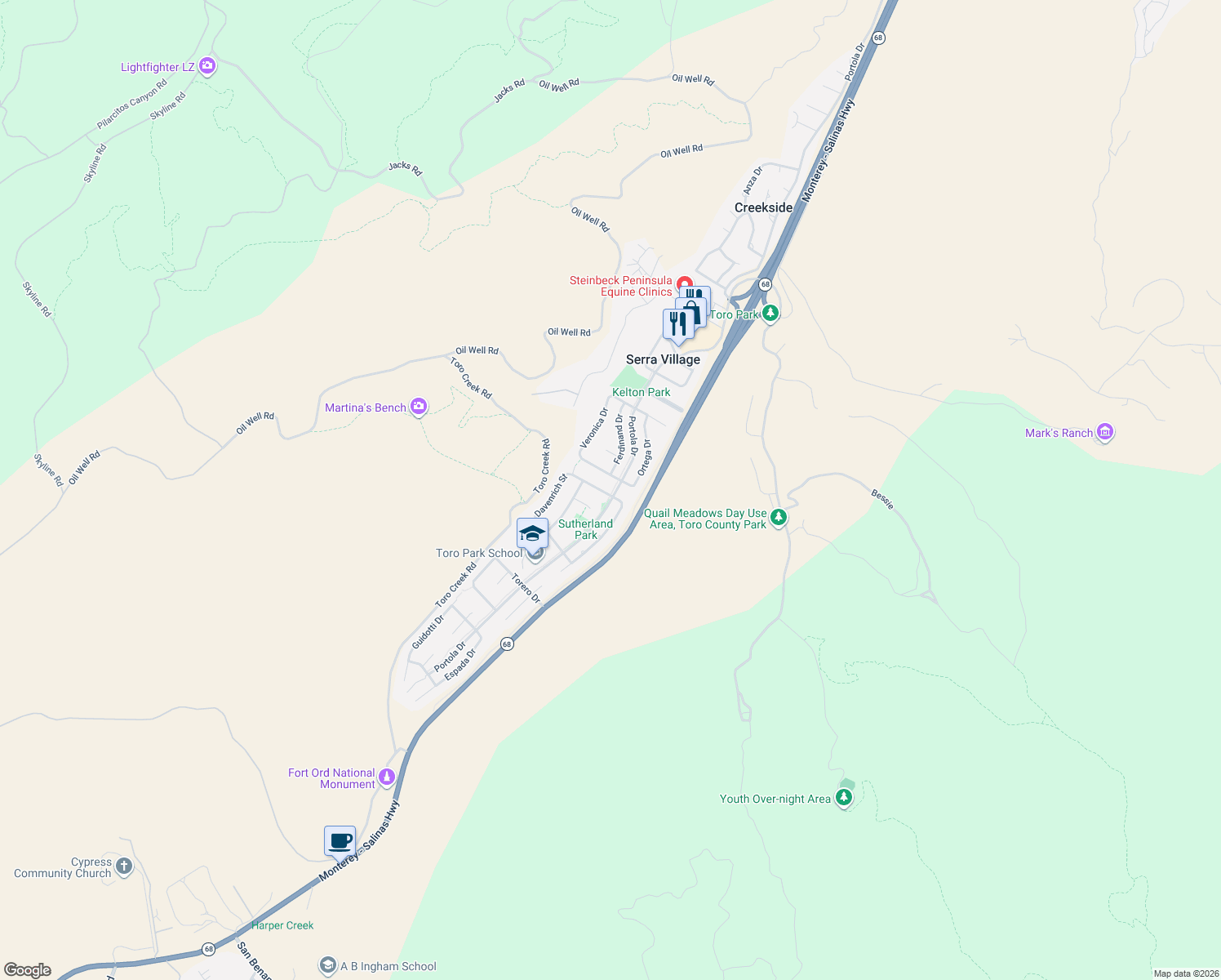 map of restaurants, bars, coffee shops, grocery stores, and more near 22331 Davenrich Street in Salinas