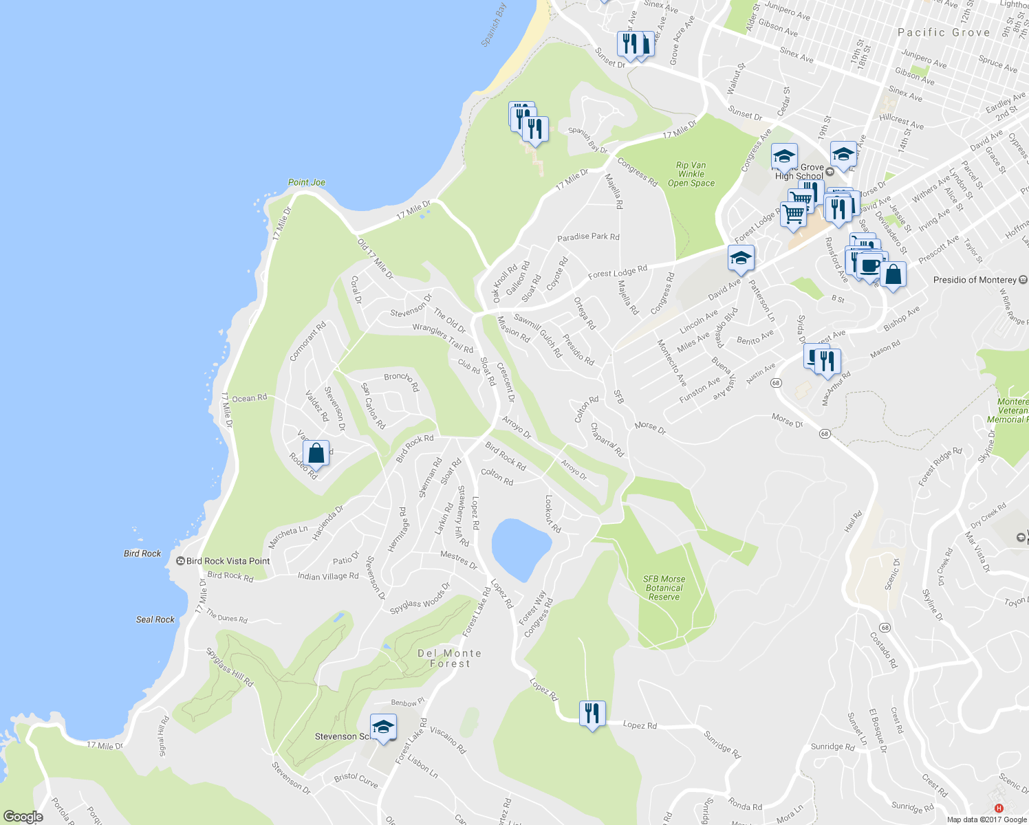 map of restaurants, bars, coffee shops, grocery stores, and more near 2983 Crescent Drive in Del Monte Forest