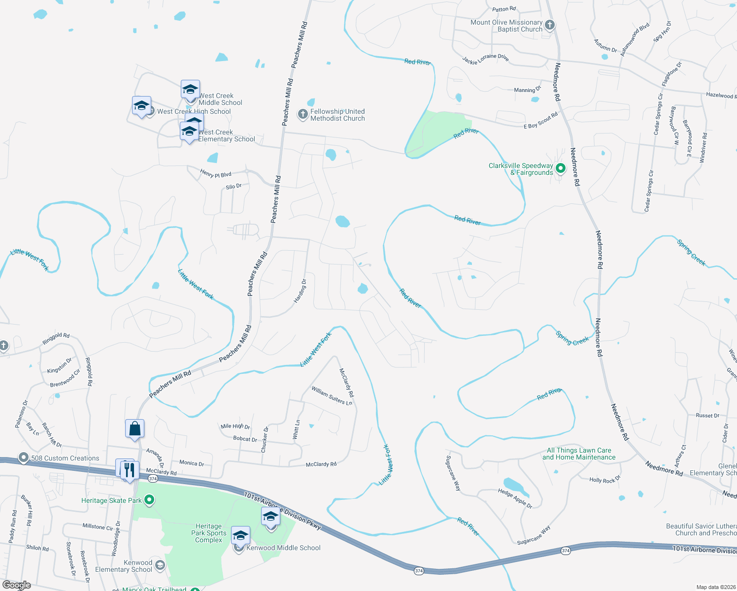 map of restaurants, bars, coffee shops, grocery stores, and more near 1029 Shirley Drive in Clarksville