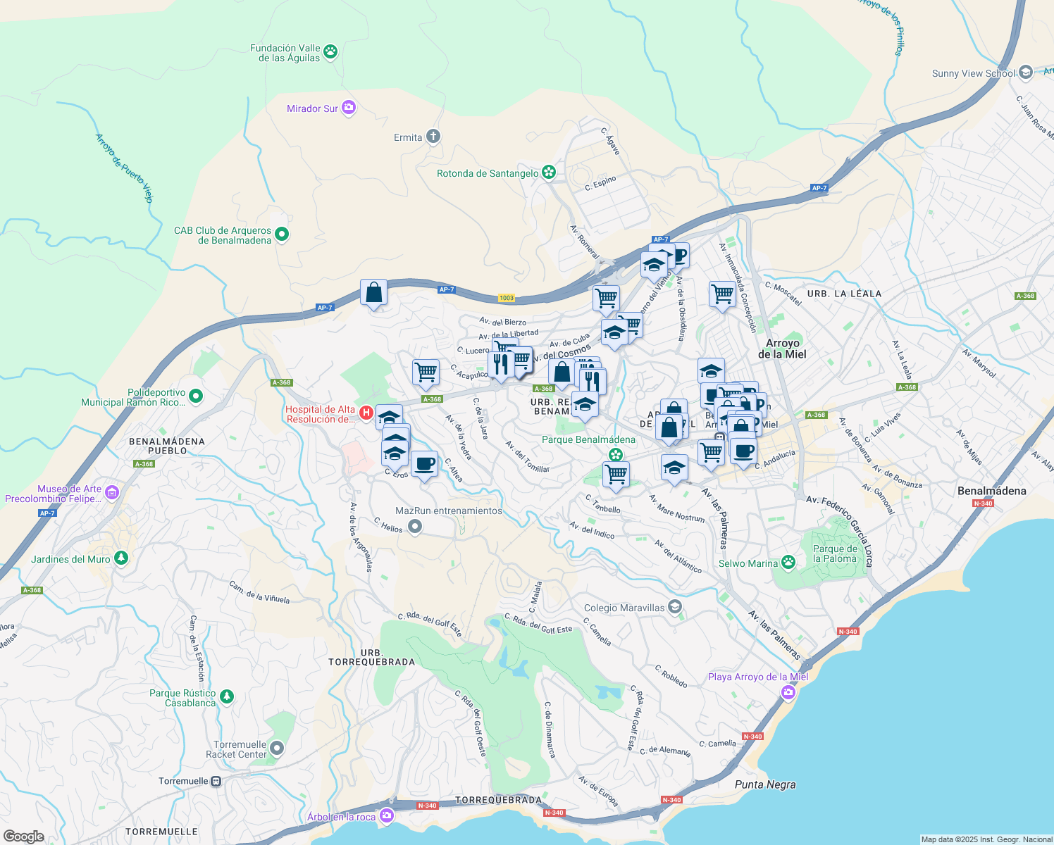 map of restaurants, bars, coffee shops, grocery stores, and more near 166 Avenida del Pacífico in Benalmádena